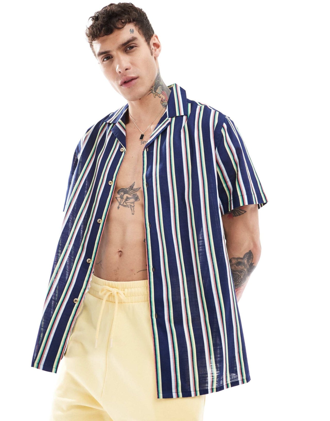ASOS DESIGN relaxed revere striped linen look shirt in blue - ASOS Sample Sale EU Store