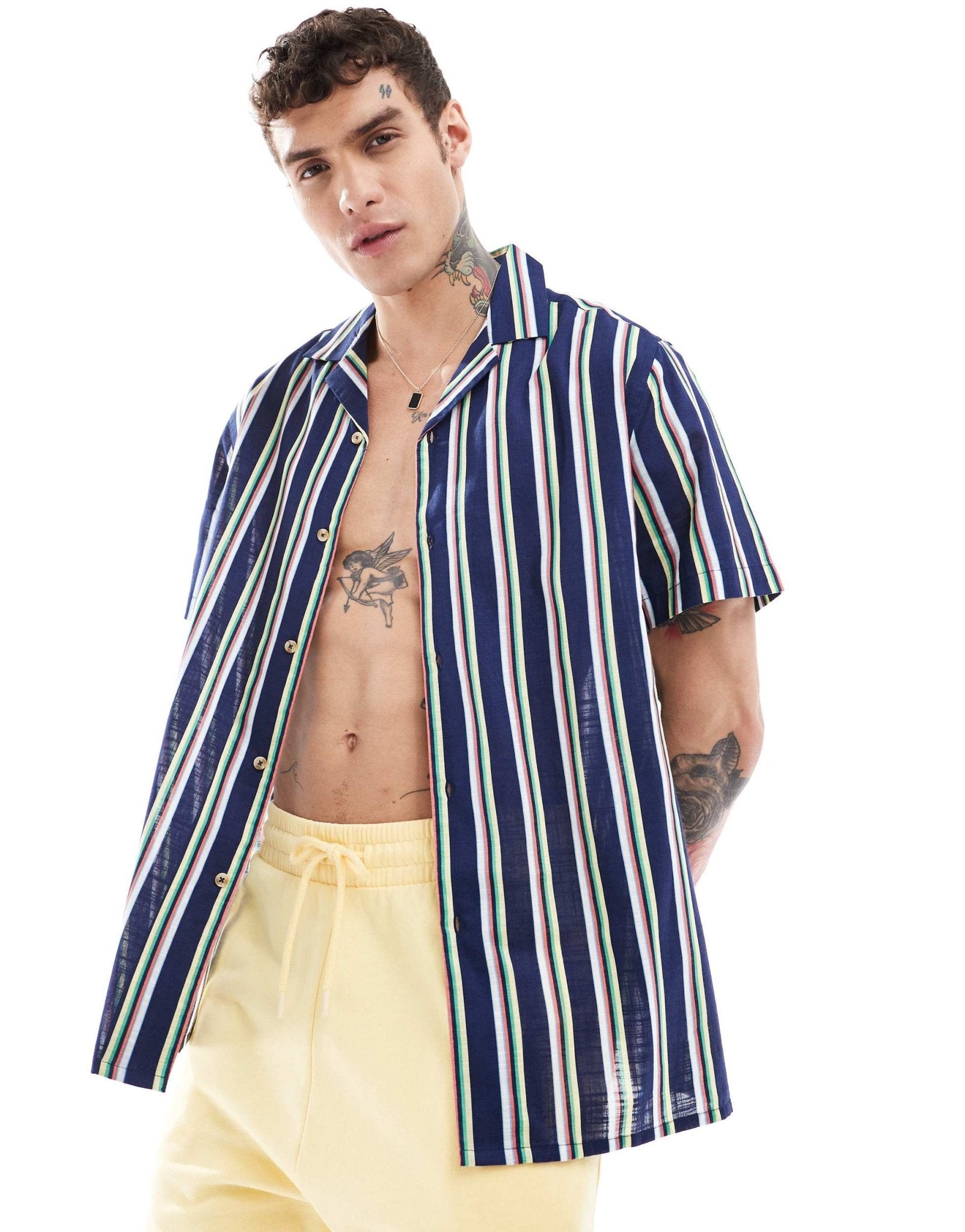 ASOS DESIGN relaxed revere striped linen look shirt in blue - ASOS Sample Sale EU Store