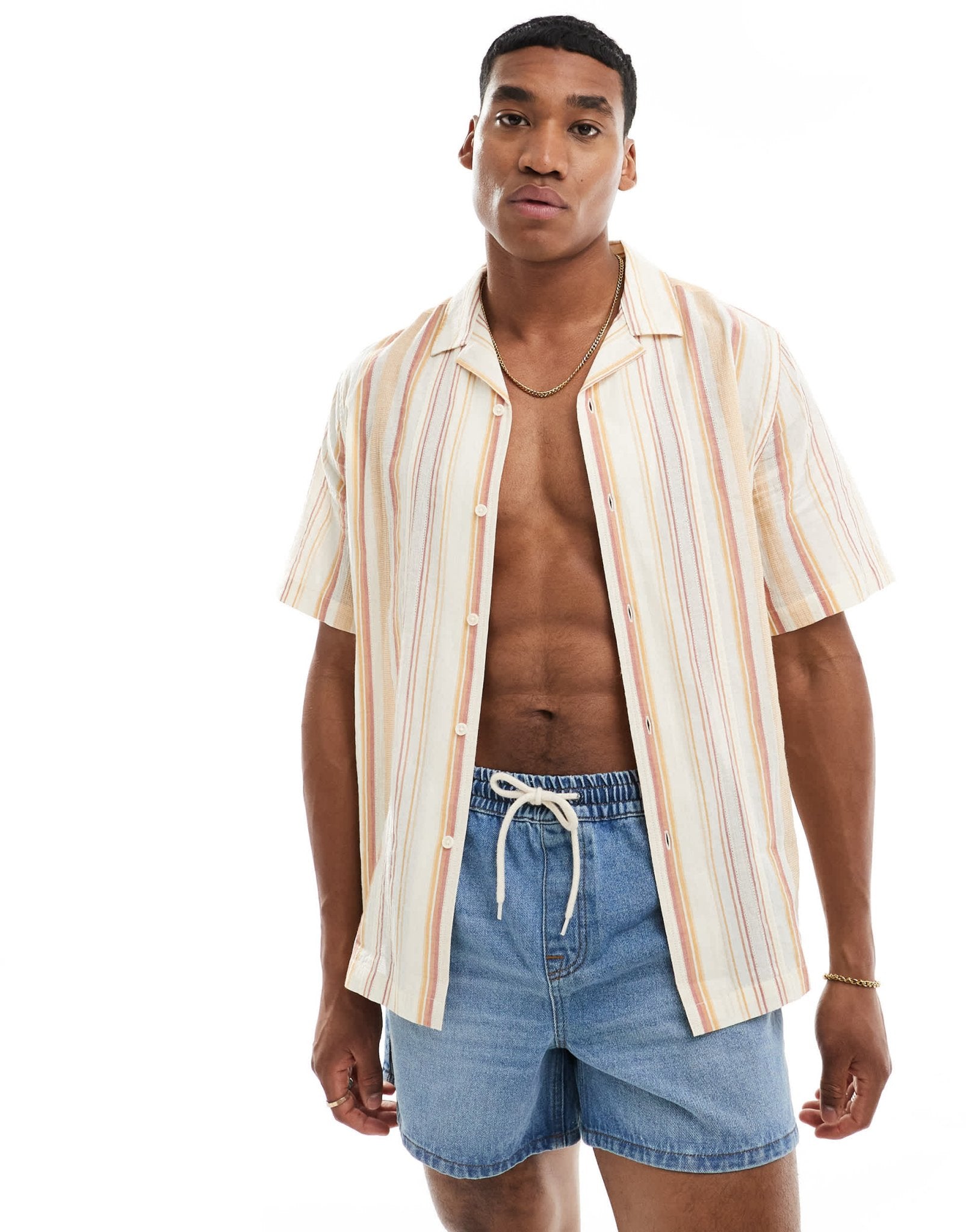 ASOS DESIGN relaxed revere striped shirt in orange and ecru - ASOS Sample Sale EU Store