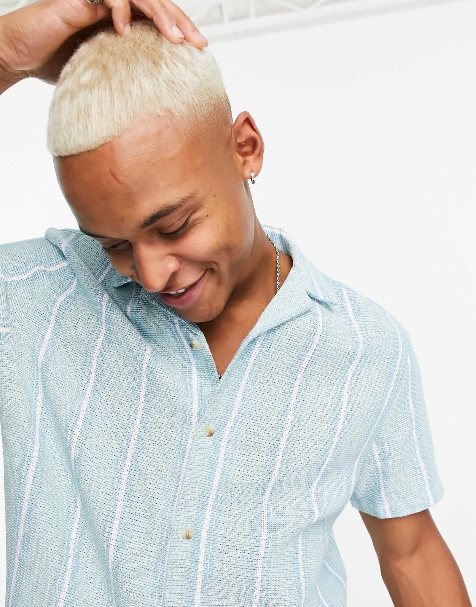 ASOS DESIGN relaxed revere textured stripe shirt in blue - ASOS Sample Sale EU Store