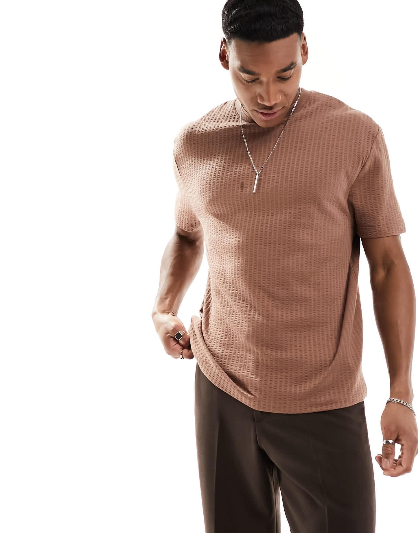 ASOS DESIGN relaxed seersucker t-shirt in brown - ASOS Sample Sale EU Store