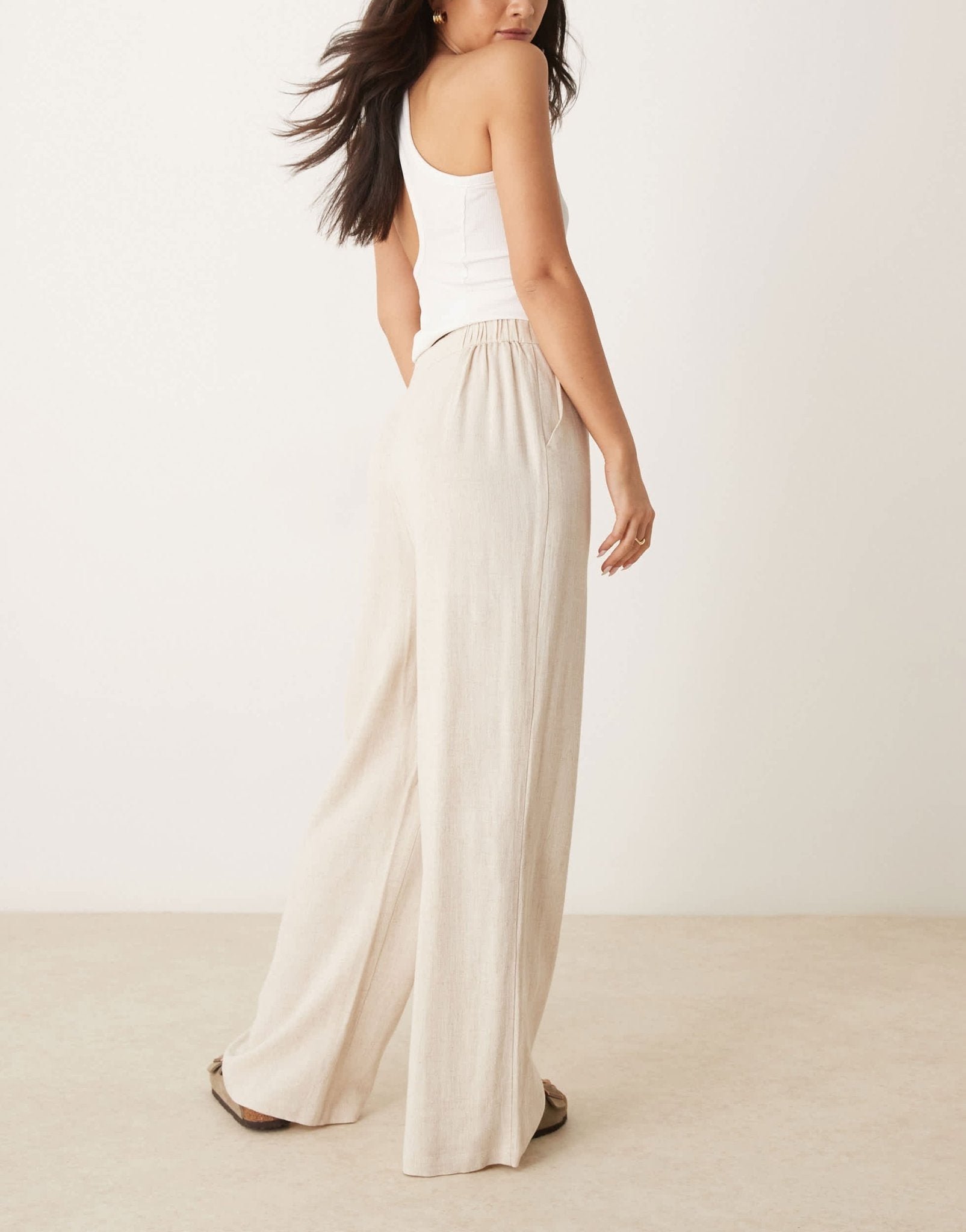 ASOS DESIGN relaxed straight leg trousers with linen in stone - ASOS Sample Sale EU Store