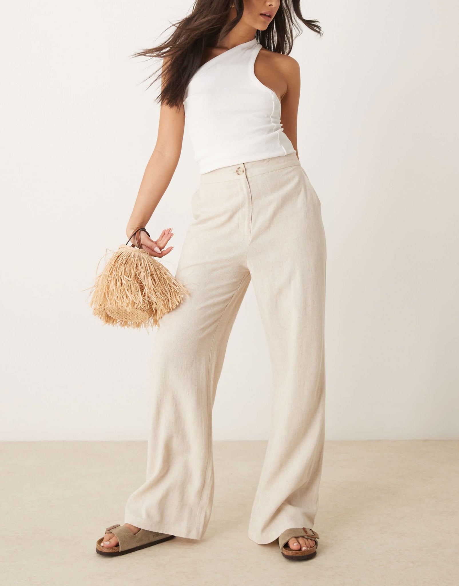 ASOS DESIGN relaxed straight leg trousers with linen in stone - ASOS Sample Sale EU Store