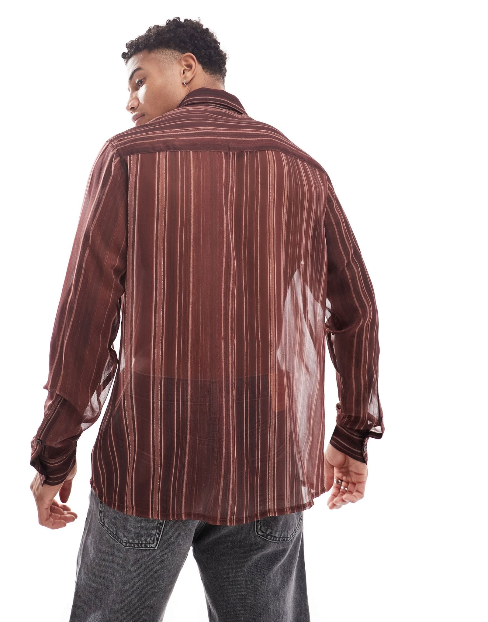 ASOS DESIGN relaxed striped sheer shirt in brown - ASOS Sample Sale EU Store