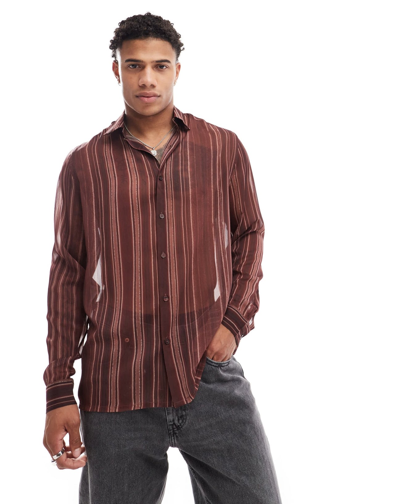 ASOS DESIGN relaxed striped sheer shirt in brown - ASOS Sample Sale EU Store