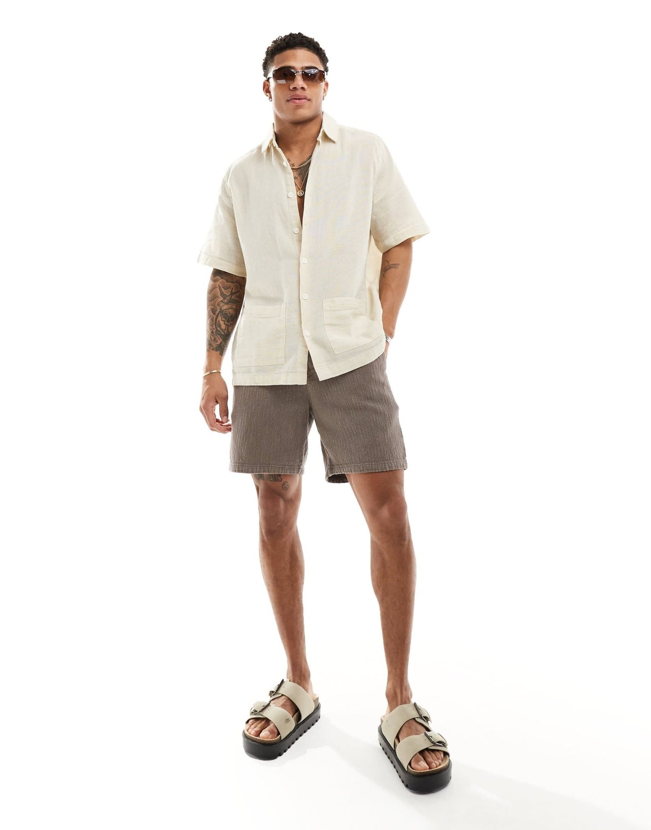 ASOS DESIGN relaxed textured shirt with patch pockets in sand - ASOS Sample Sale EU Store
