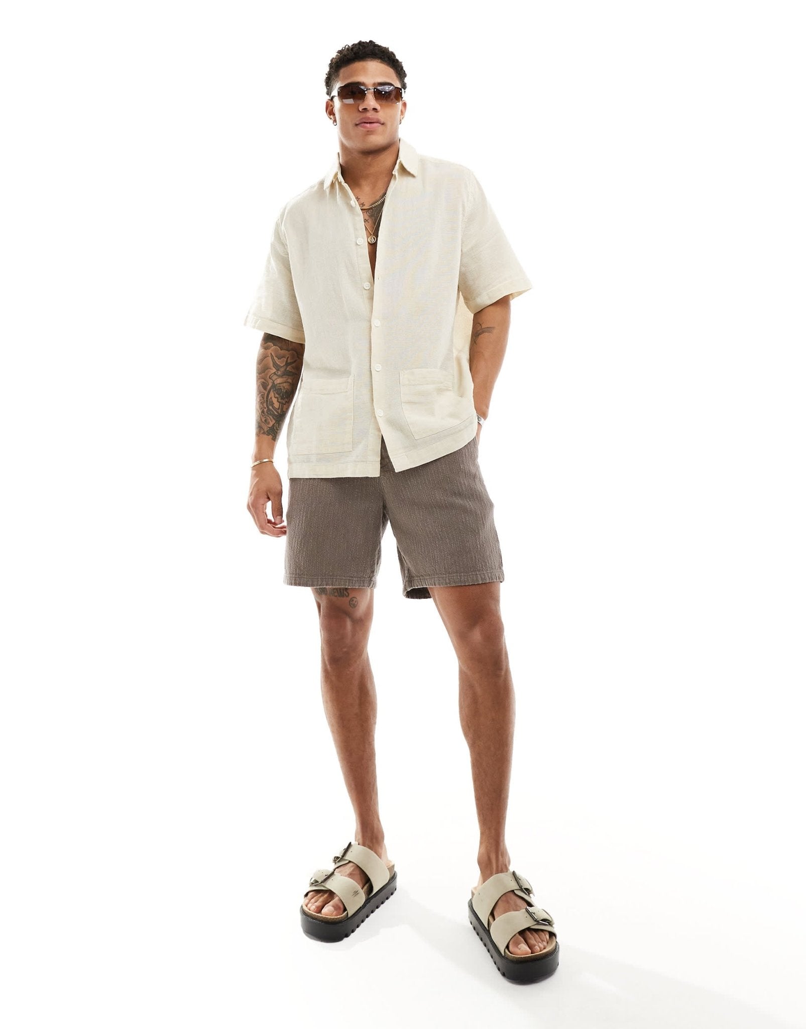 ASOS DESIGN relaxed textured shirt with patch pockets in sand - ASOS Sample Sale EU Store