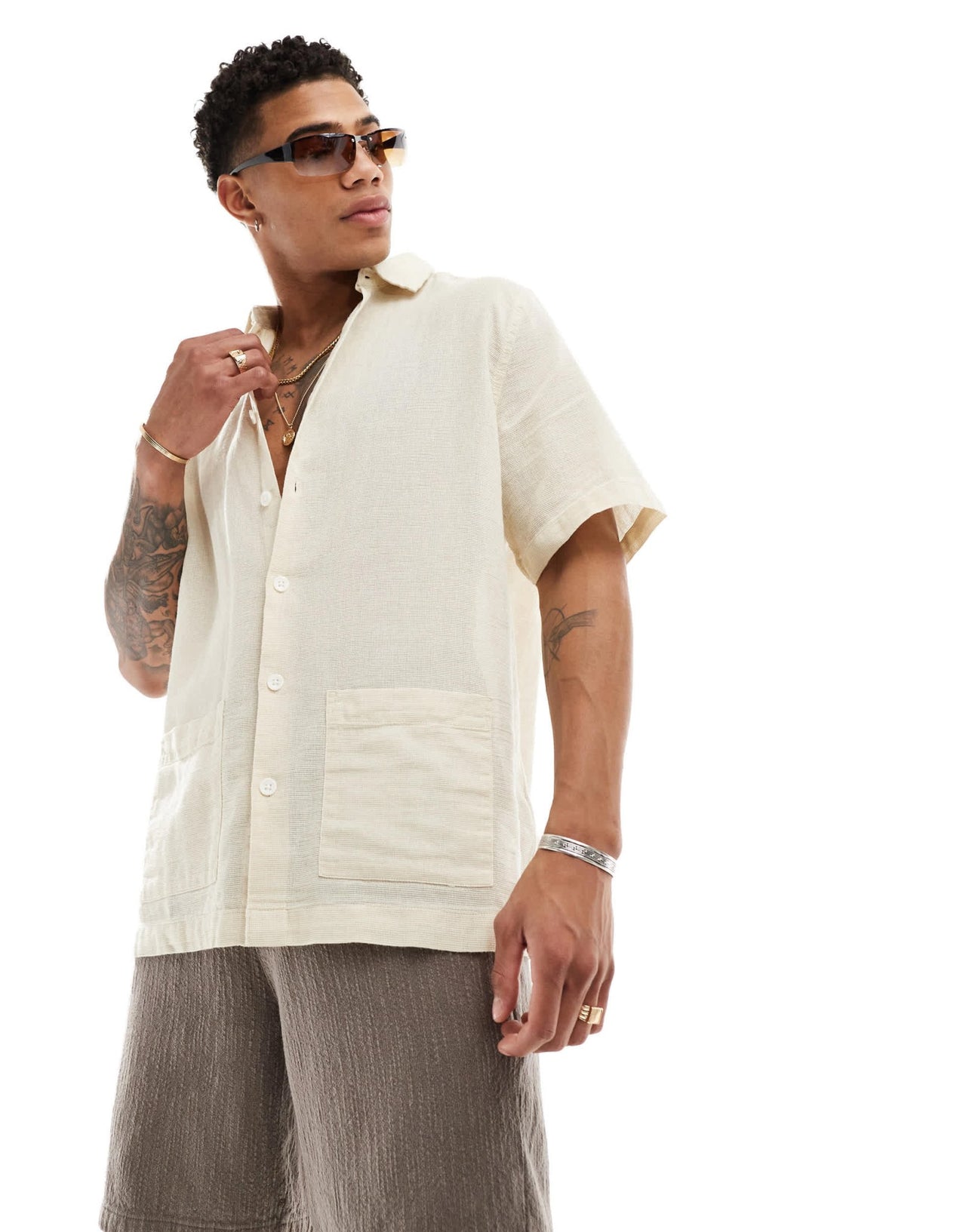 ASOS DESIGN relaxed textured shirt with patch pockets in sand - ASOS Sample Sale EU Store