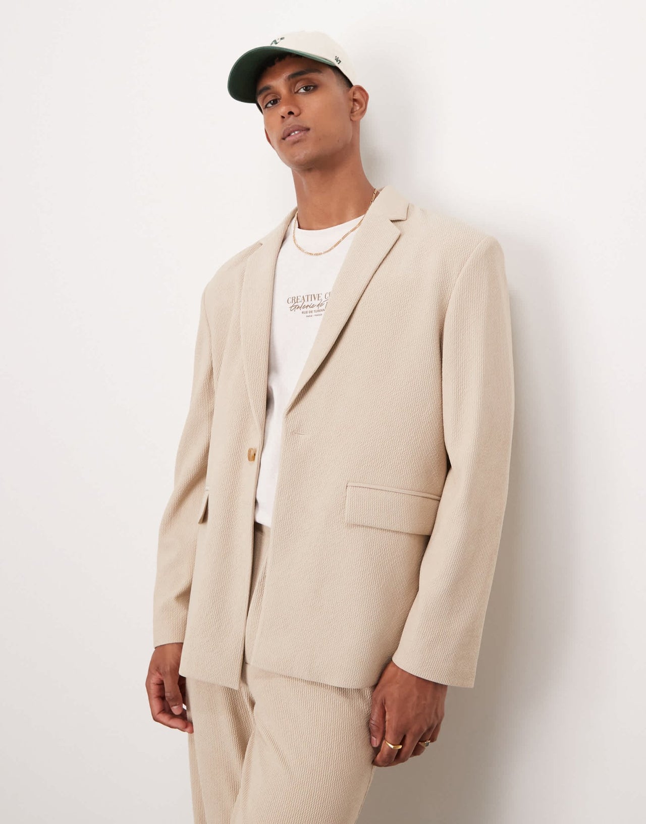 ASOS DESIGN rib texture slouchy suit jacket in stone - ASOS Sample Sale EU Store
