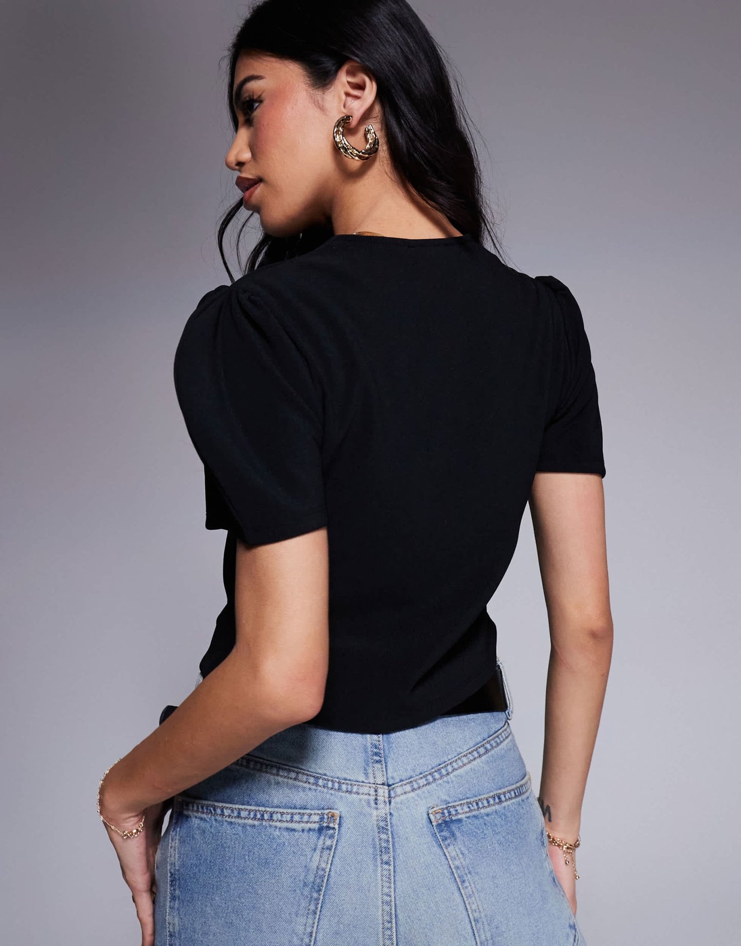 ASOS DESIGN ribbed puff sleeve structured button through top in black - ASOS Sample Sale EU Store