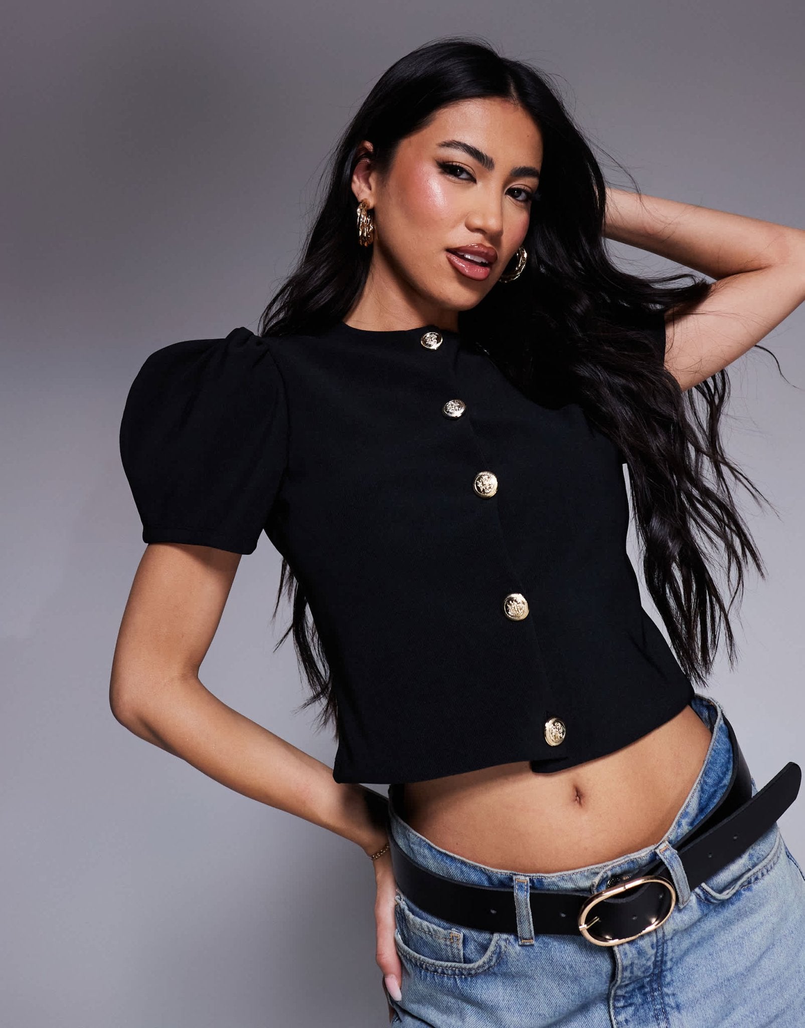 ASOS DESIGN ribbed puff sleeve structured button through top in black - ASOS Sample Sale EU Store