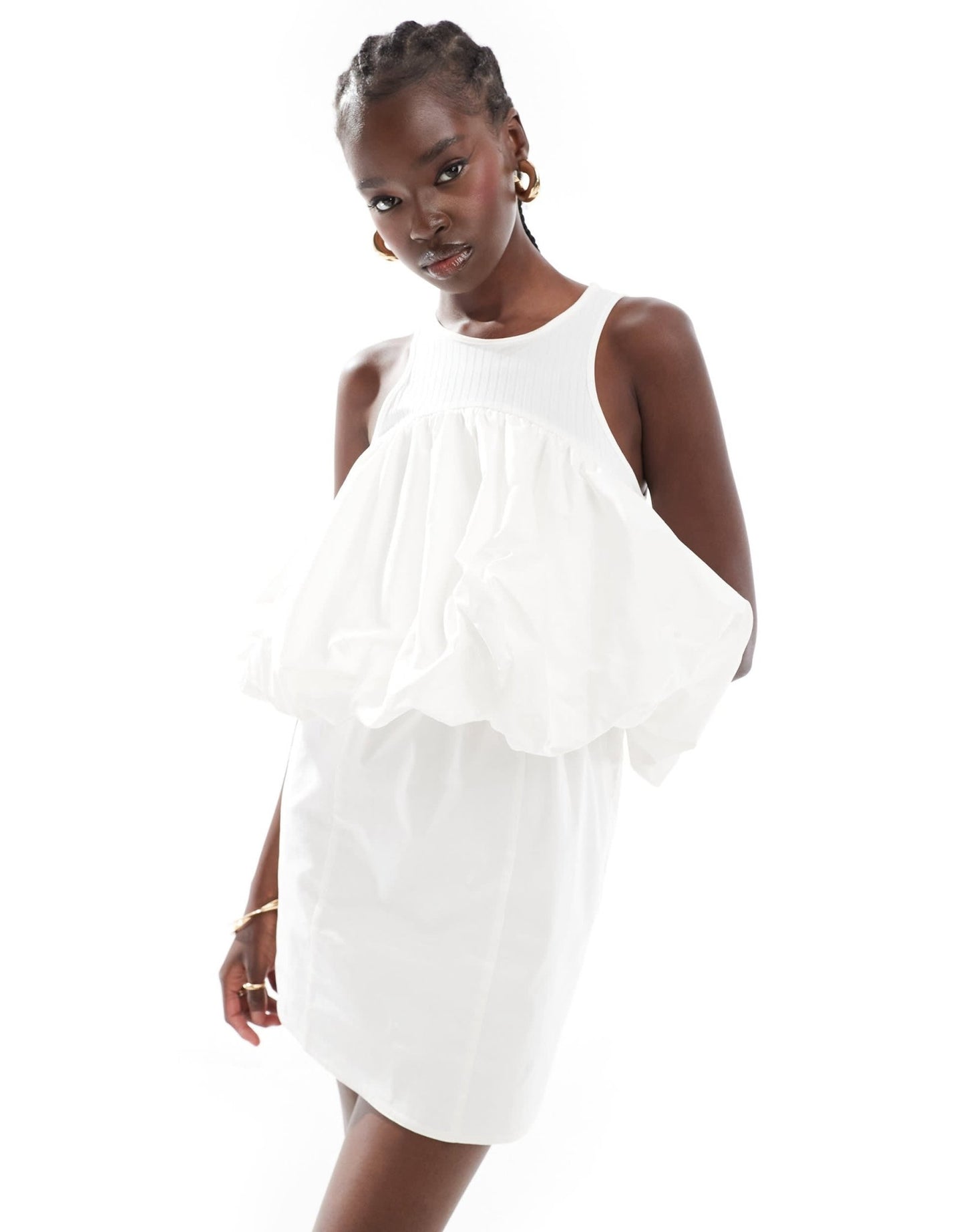 ASOS DESIGN ribbed racer neck cotton mini dress with puffball detail - ASOS Sample Sale EU Store