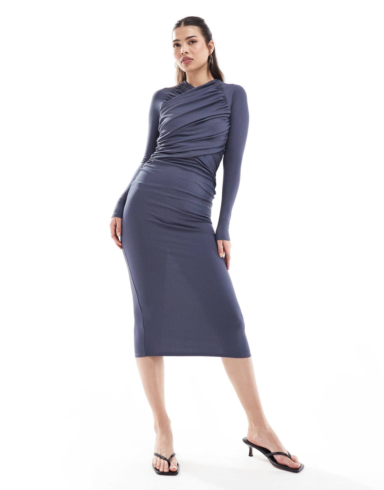 ASOS DESIGN ribbed wrap bodice maxi dress with long sleeve in grey - ASOS Sample Sale EU Store