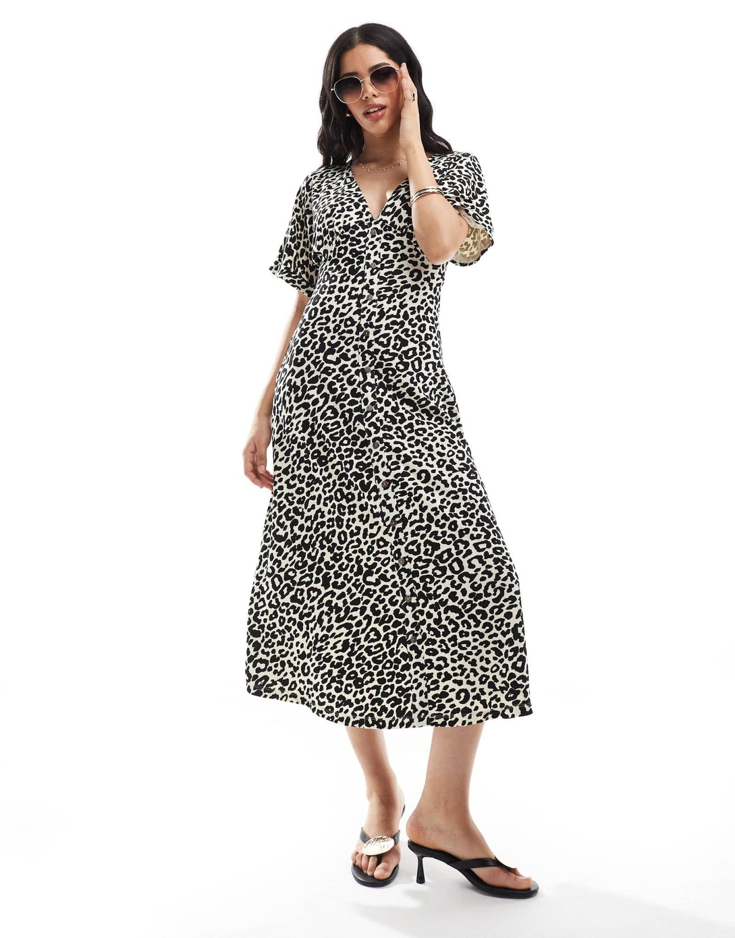 ASOS DESIGN roll sleeve button front midi tea dress in animal print - ASOS Sample Sale EU Store