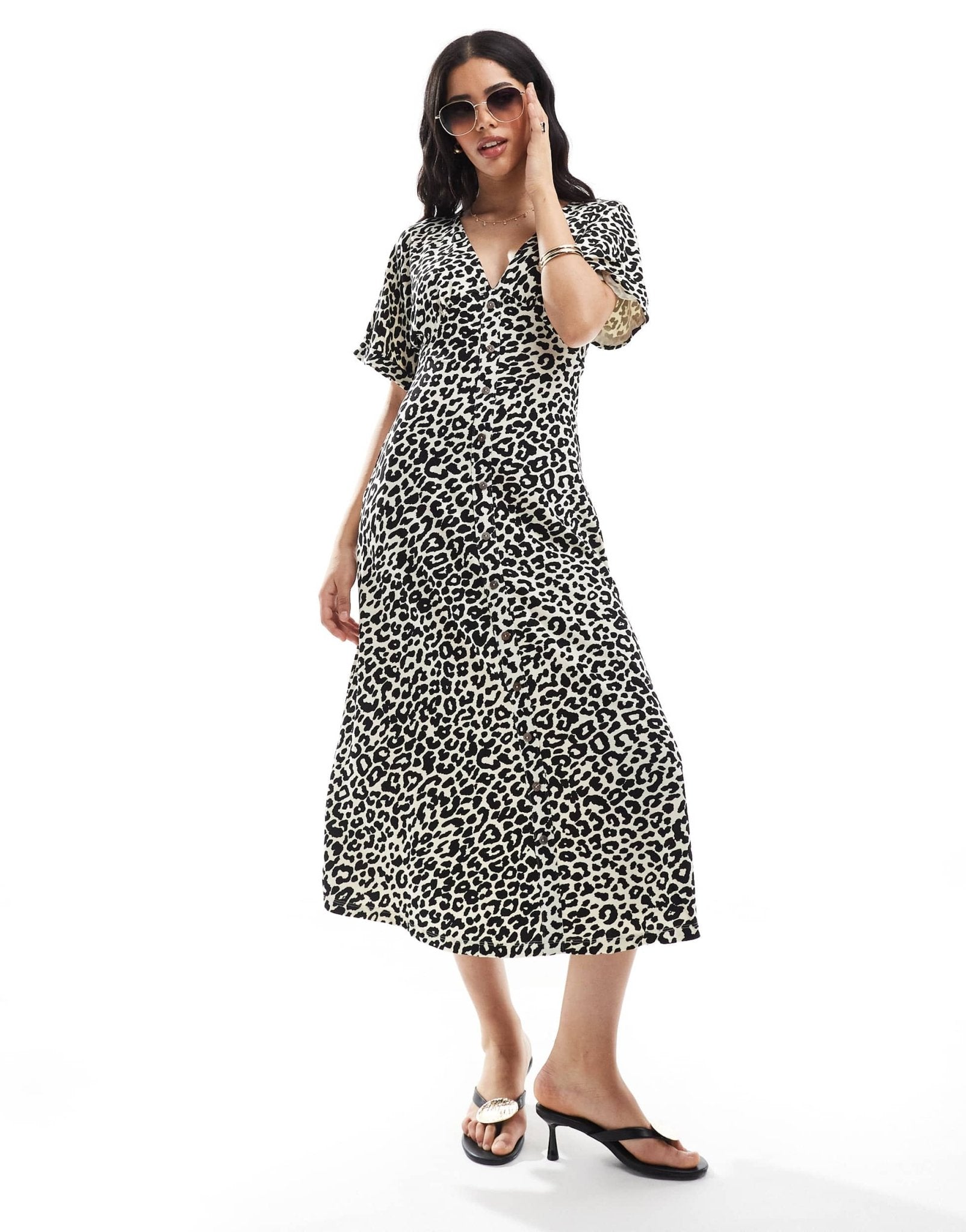 ASOS DESIGN roll sleeve button front midi tea dress in animal print - ASOS Sample Sale EU Store