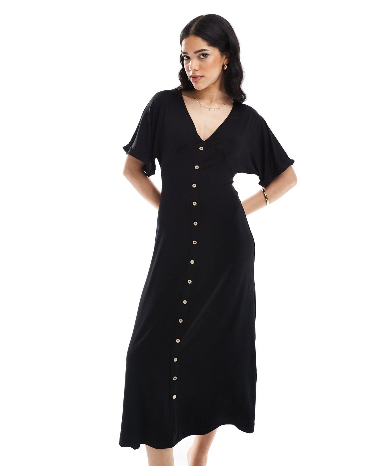 ASOS DESIGN roll sleeve button front midi tea dress in black - ASOS Sample Sale EU Store