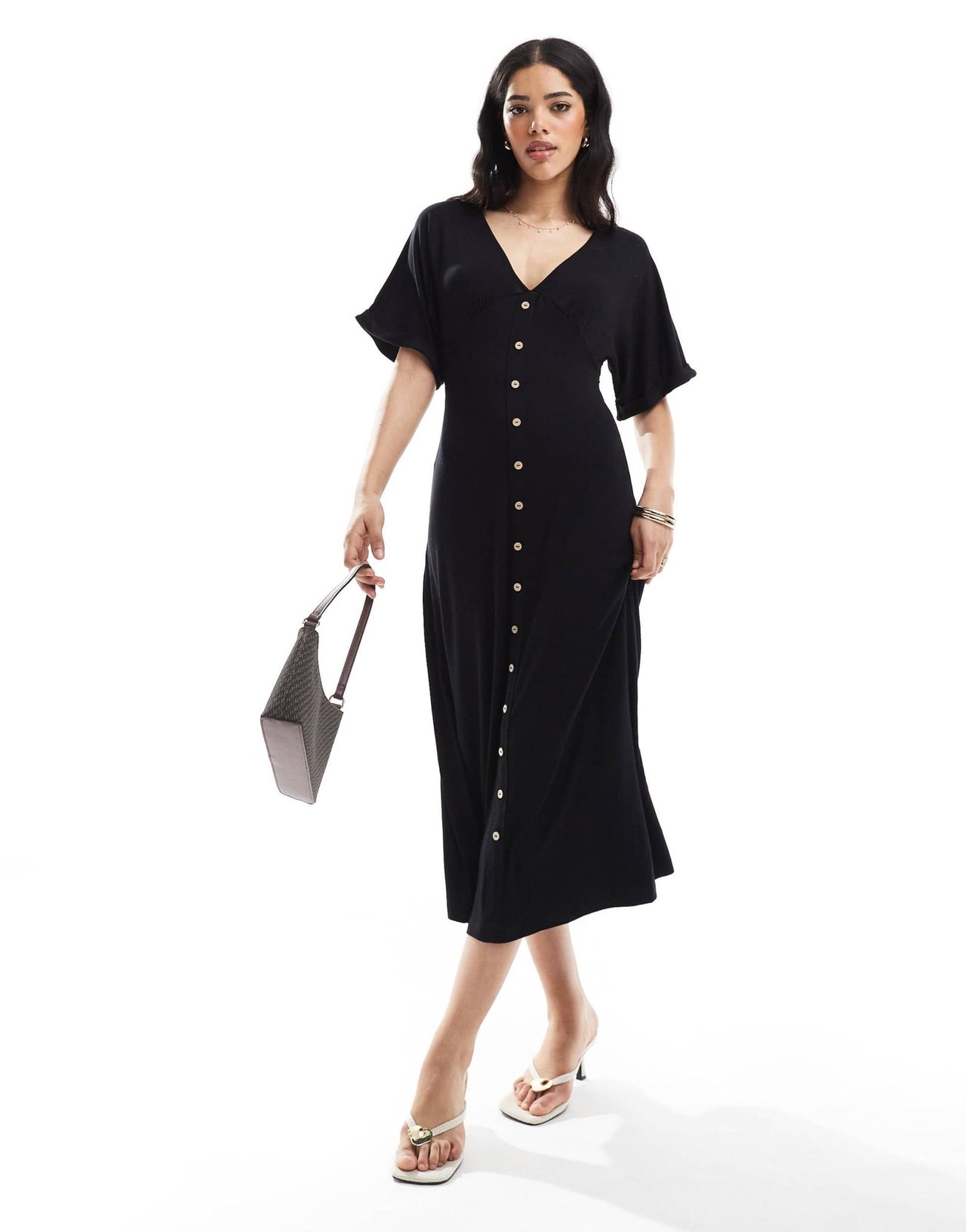 ASOS DESIGN roll sleeve button front midi tea dress in black - ASOS Sample Sale EU Store