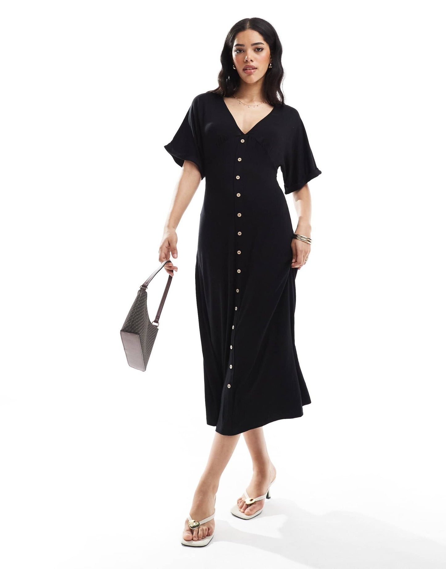ASOS DESIGN roll sleeve button front midi tea dress in black - ASOS Sample Sale EU Store