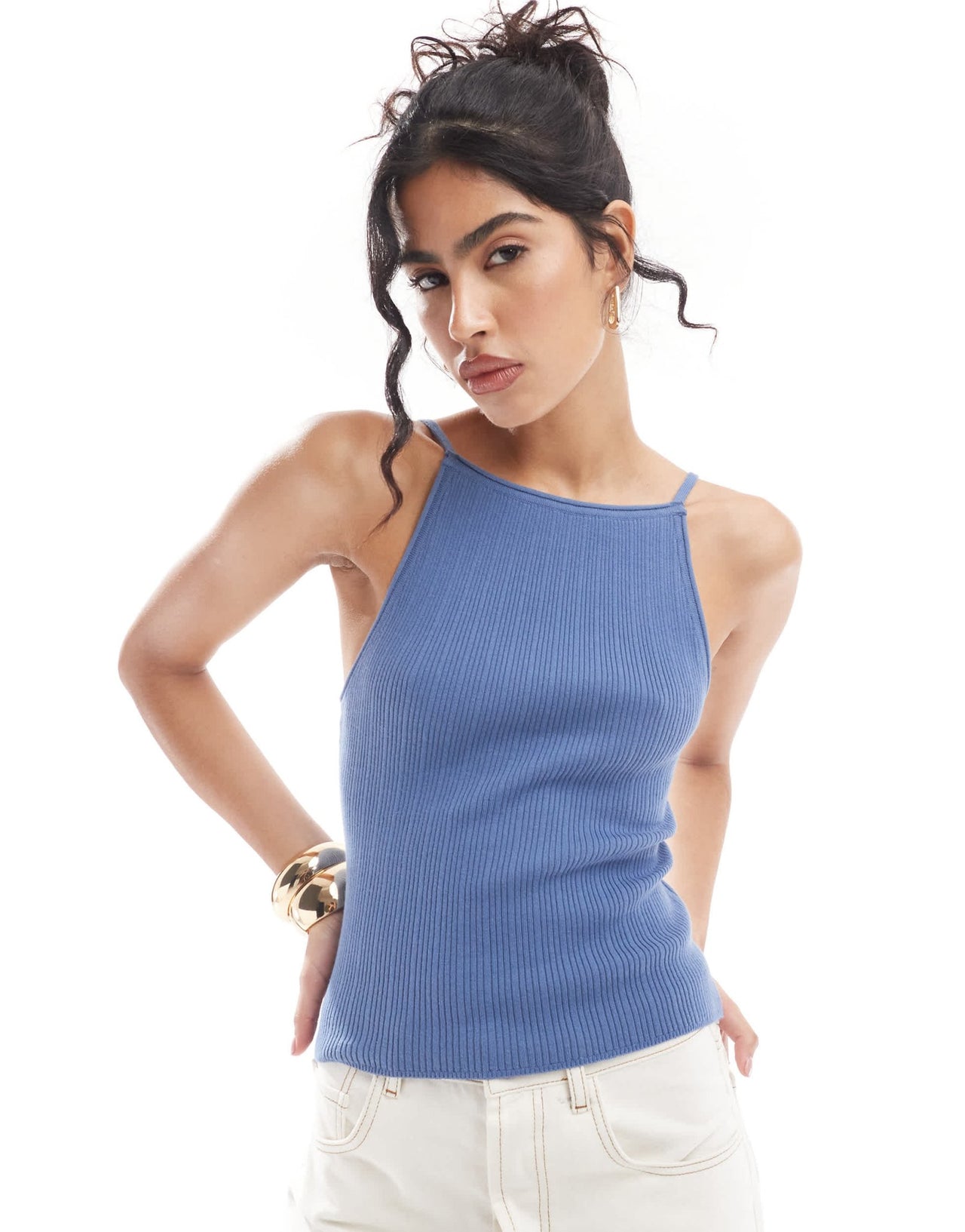 ASOS DESIGN rolled edge strappy back cami top in blue - ASOS Sample Sale EU Store
