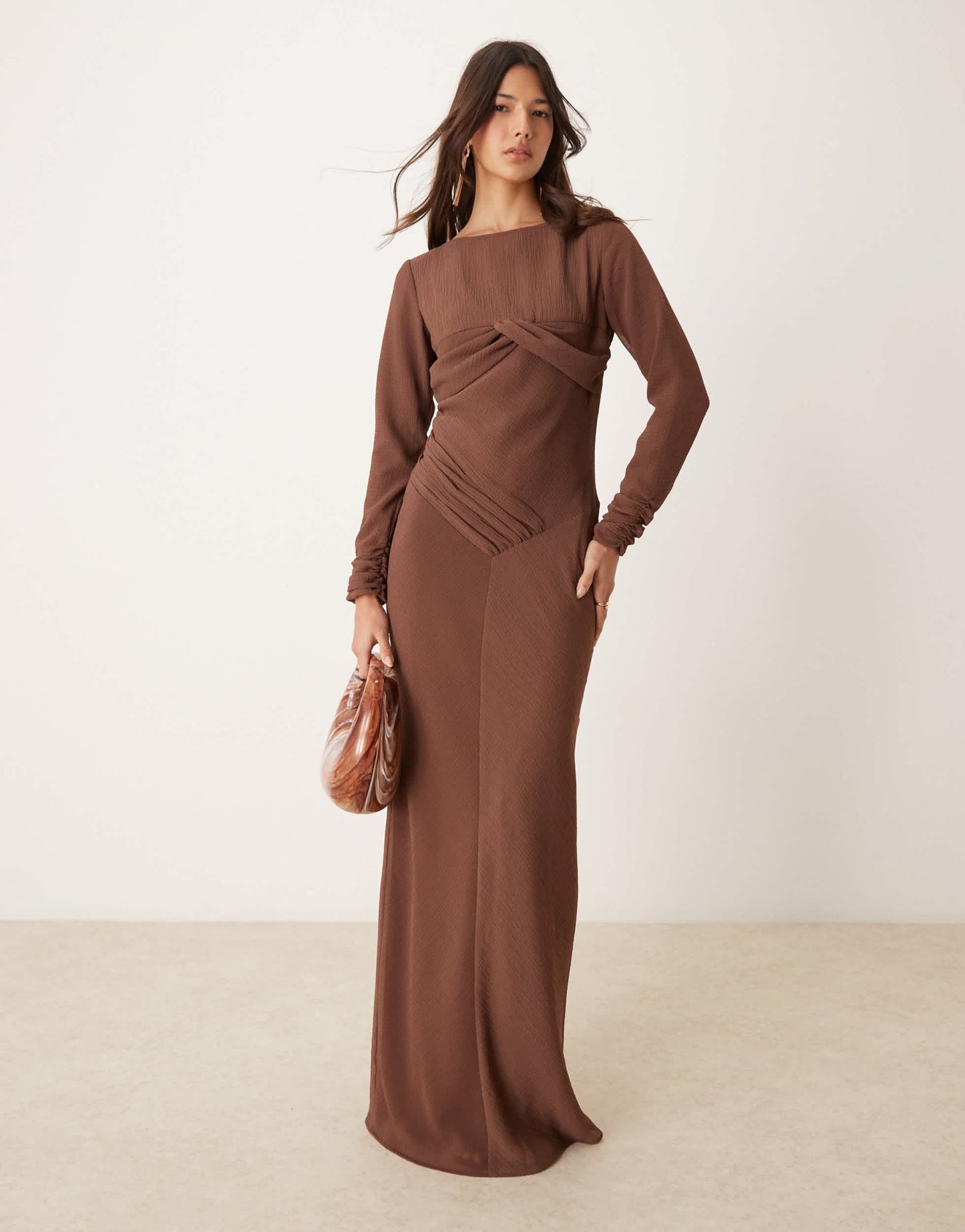 ASOS DESIGN ruched bust crinkle bias maxi dress with gathers in chocolate brown - ASOS Sample Sale EU Store