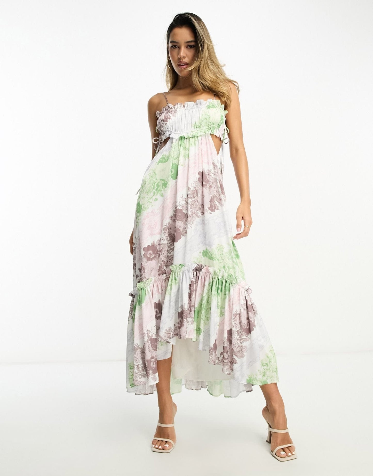 ASOS DESIGN ruched bust midi dress with tie detail and cut out in patch floral print - ASOS Sample Sale EU Store