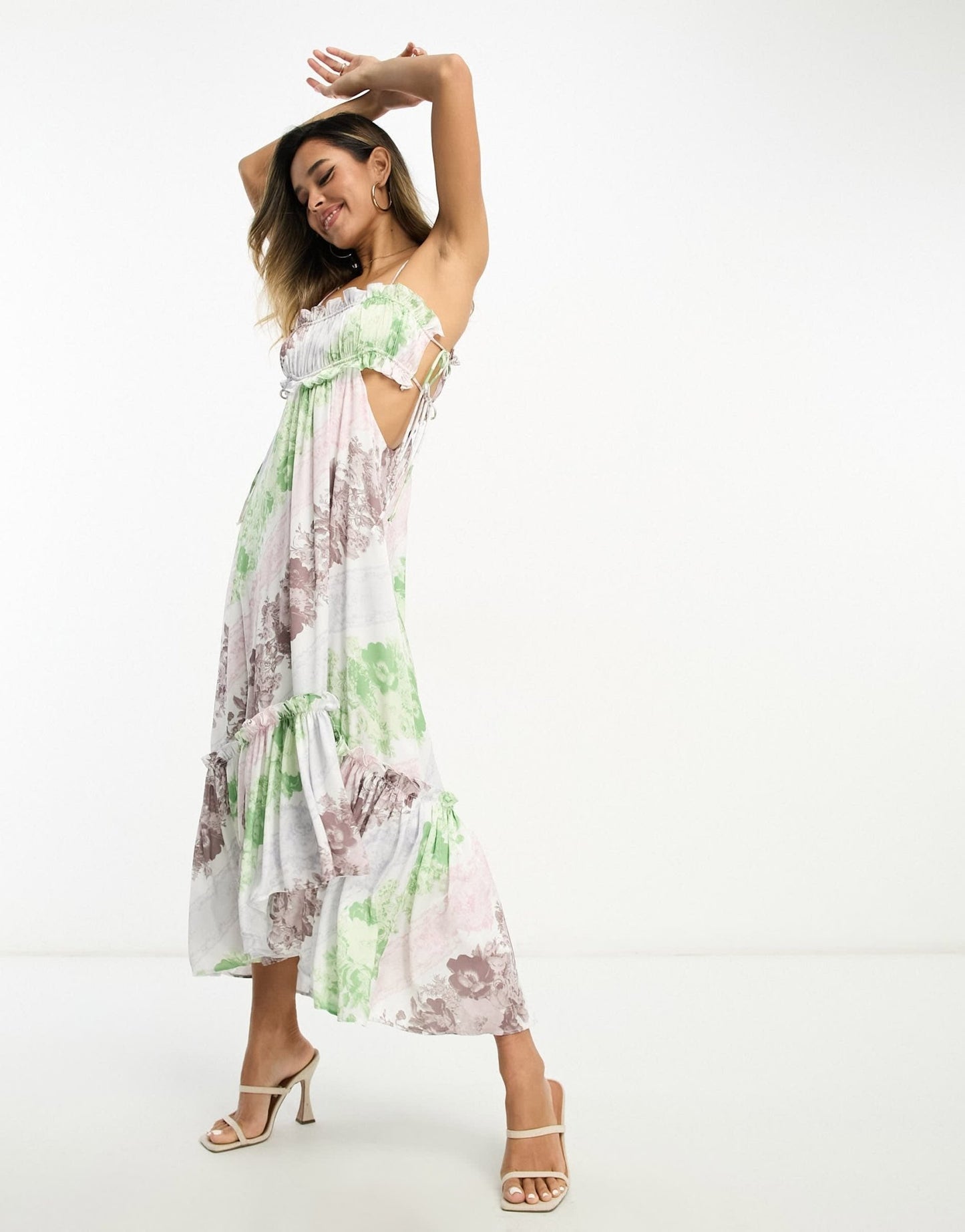 ASOS DESIGN ruched bust midi dress with tie detail and cut out in patch floral print - ASOS Sample Sale EU Store