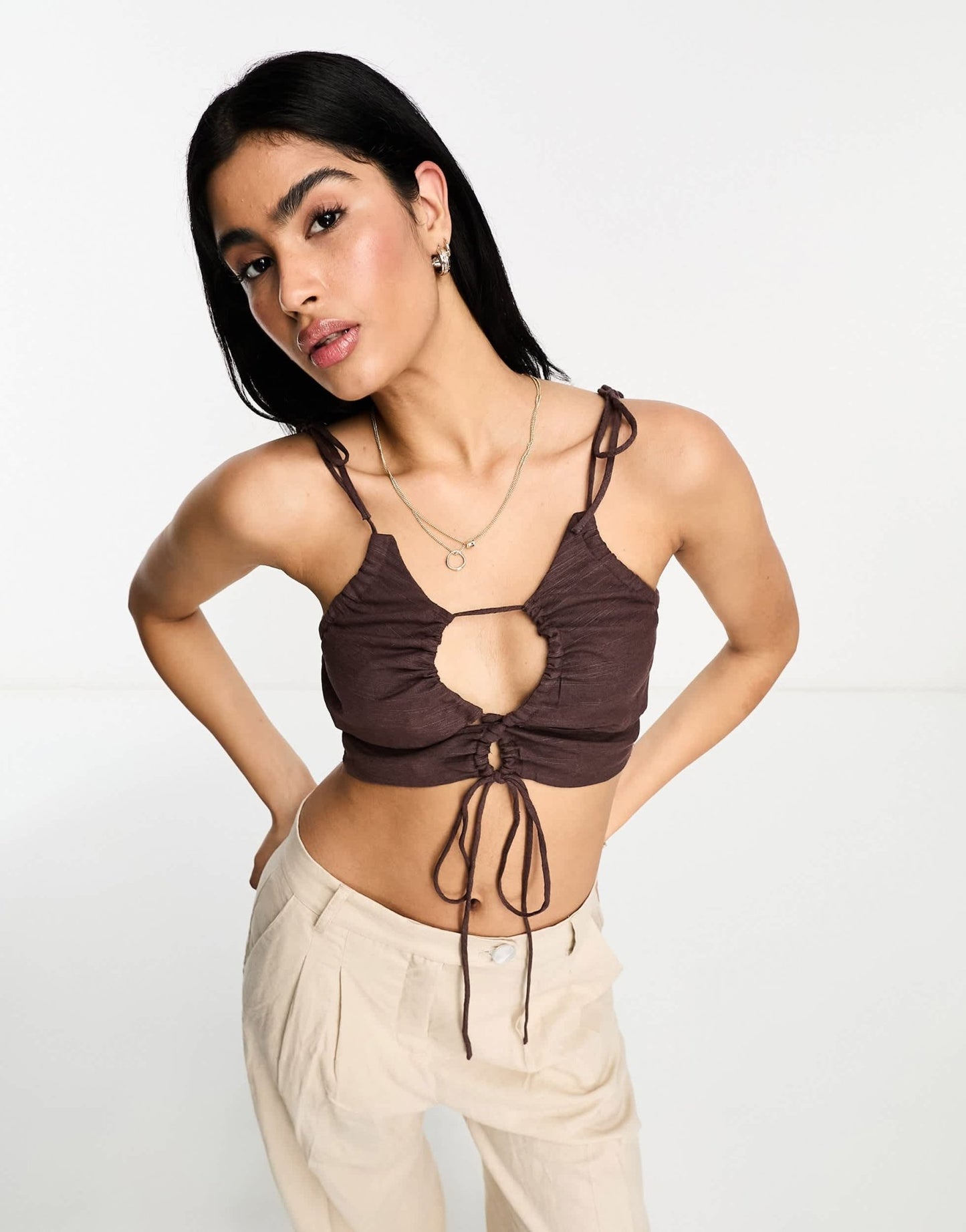 ASOS DESIGN ruched keyhole strappy crop top with tie shoulder detail in chocolate - ASOS Sample Sale EU Store