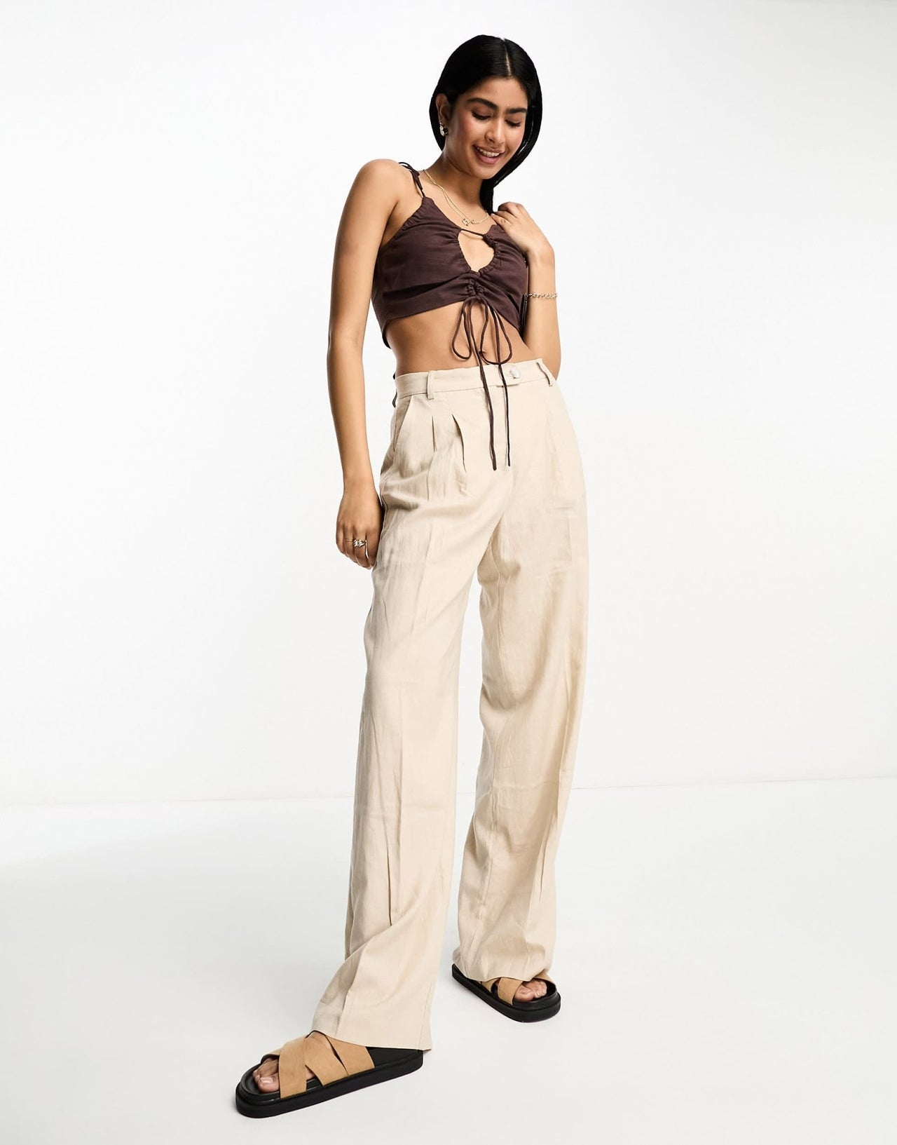 ASOS DESIGN ruched keyhole strappy crop top with tie shoulder detail in chocolate - ASOS Sample Sale EU Store