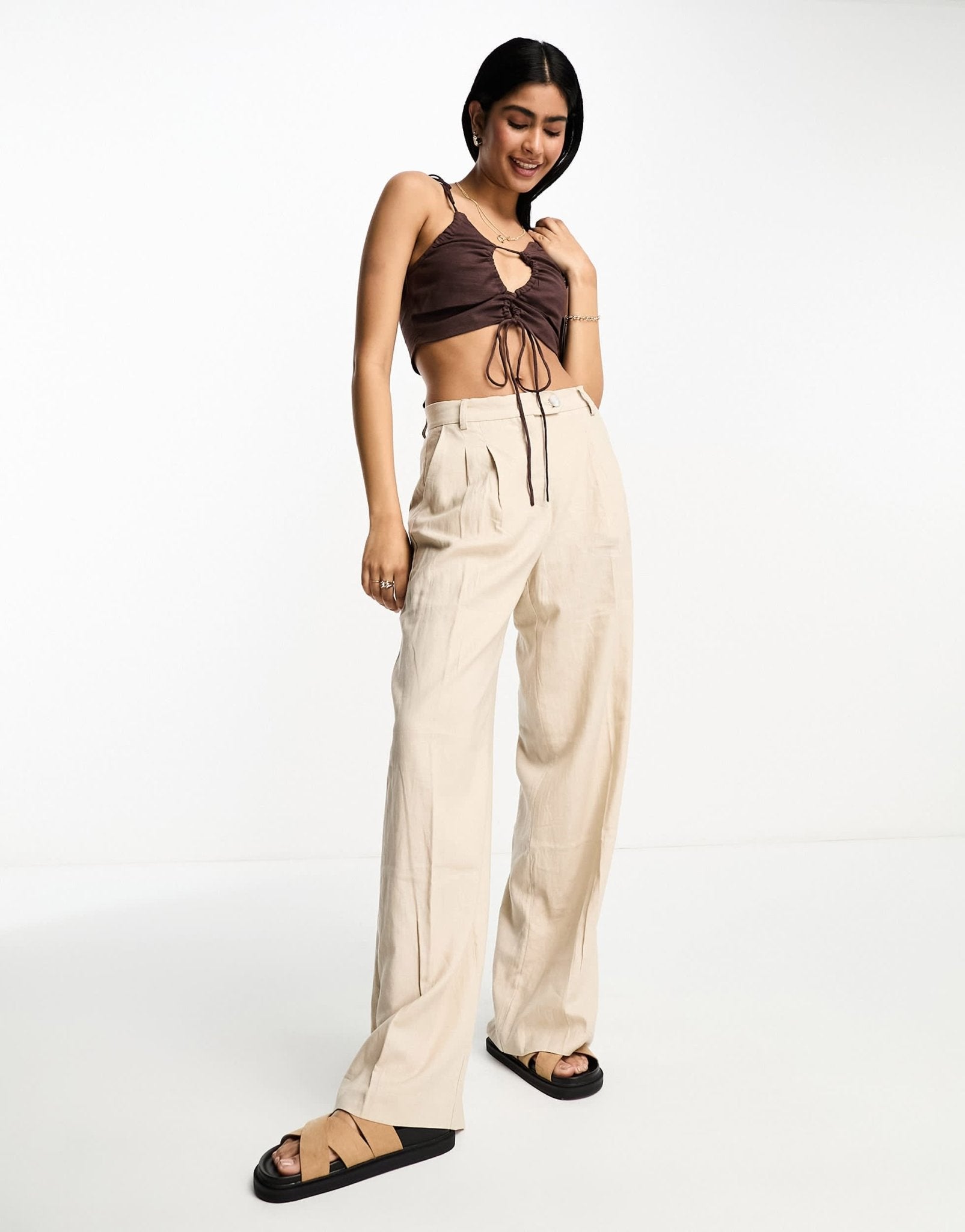 ASOS DESIGN ruched keyhole strappy crop top with tie shoulder detail in chocolate - ASOS Sample Sale EU Store