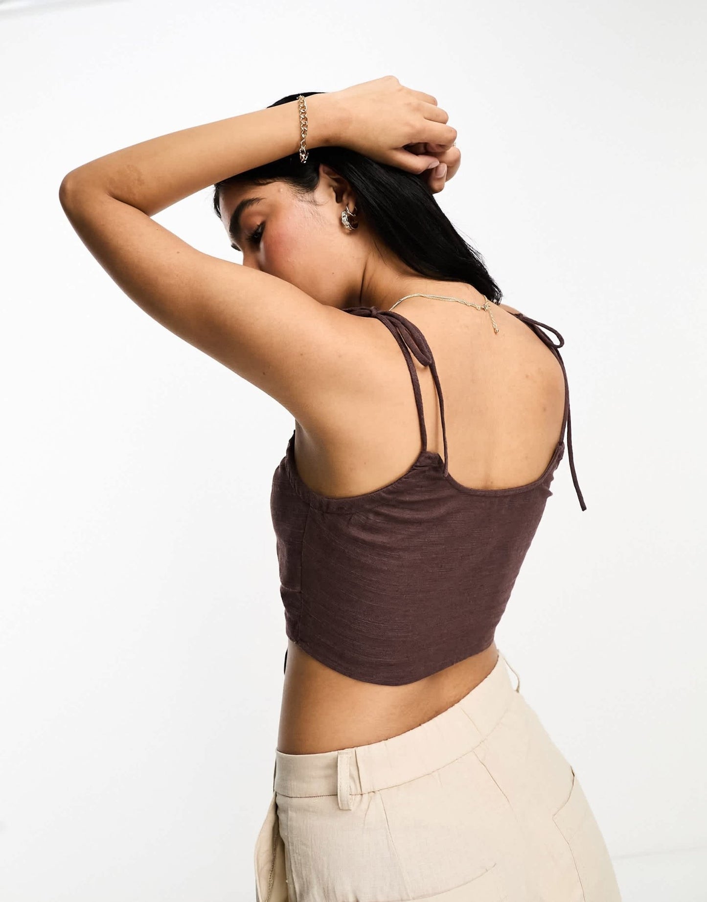 ASOS DESIGN ruched keyhole strappy crop top with tie shoulder detail in chocolate - ASOS Sample Sale EU Store
