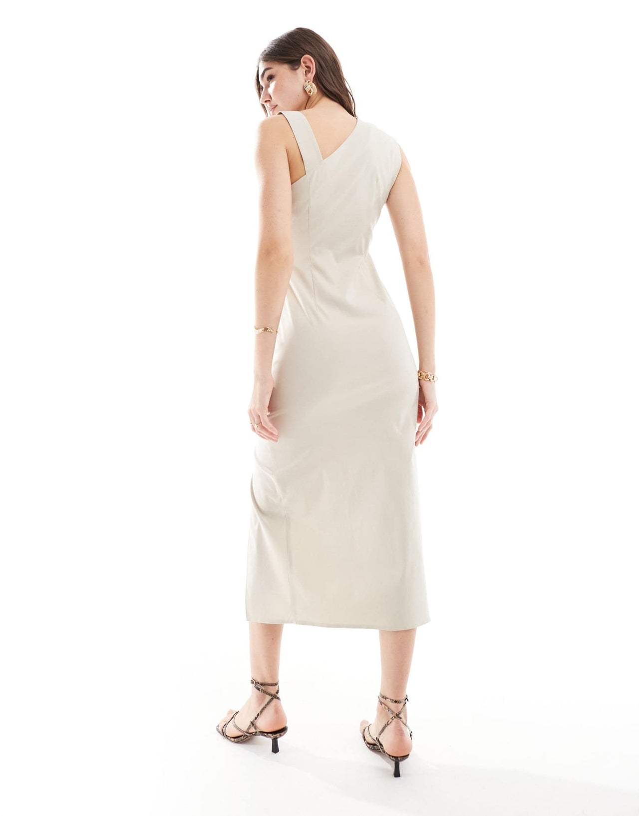 ASOS DESIGN ruched midi dress with asymmetric neck in stone - ASOS Sample Sale EU Store