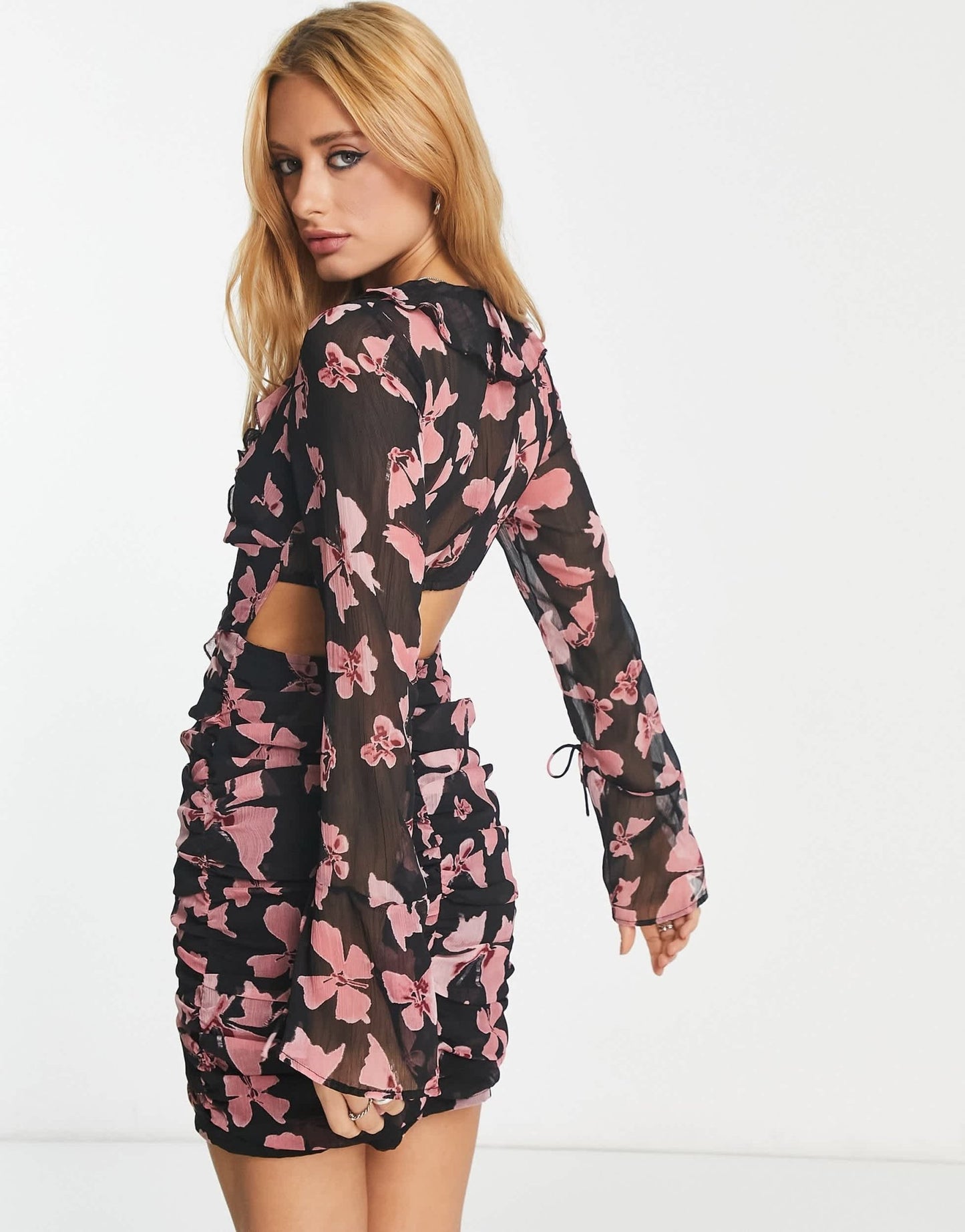 ASOS DESIGN ruched mini dress with fluted sleeves in butterfly print - ASOS Sample Sale EU Store