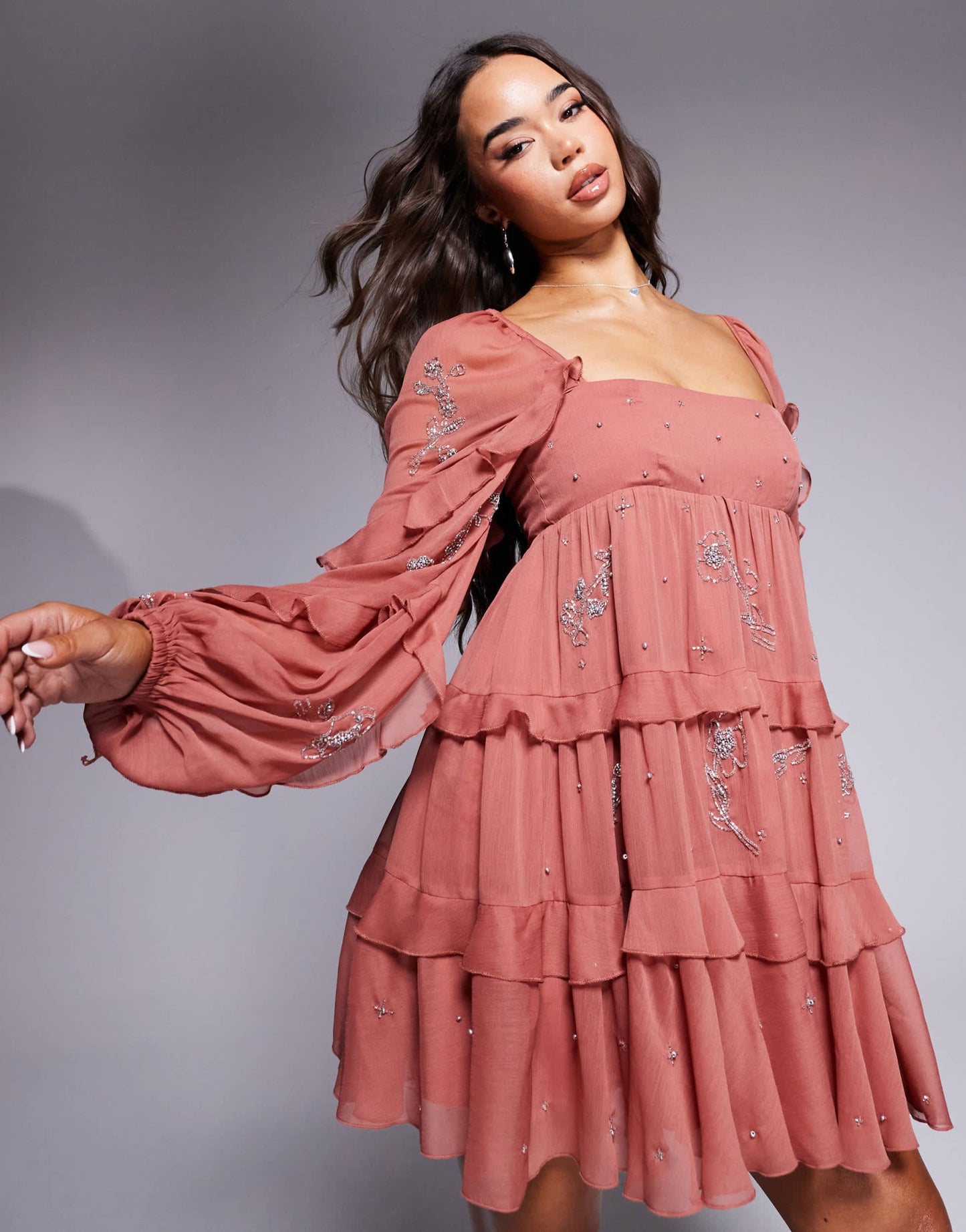 ASOS DESIGN ruffle embellished mini dress in dusky pink - ASOS Sample Sale EU Store