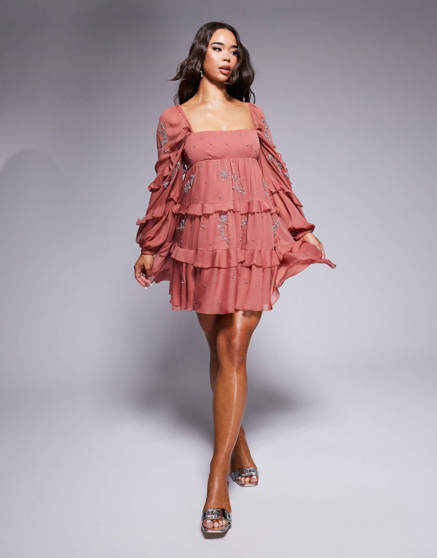ASOS DESIGN ruffle embellished mini dress in dusky pink - ASOS Sample Sale EU Store