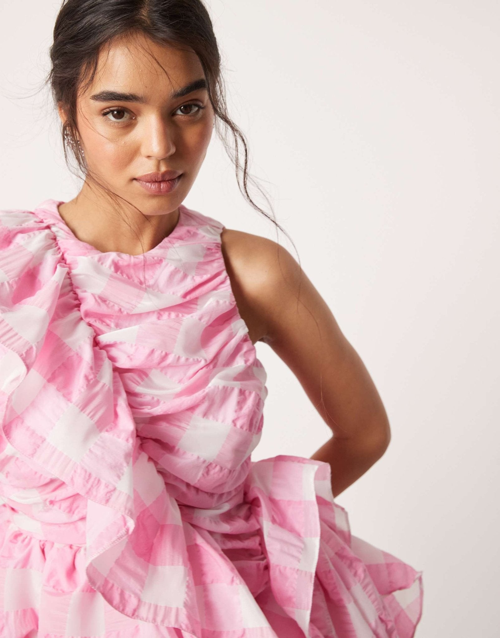ASOS DESIGN ruffle mini dress with puffball skirt in oversized pink check - ASOS Sample Sale EU Store