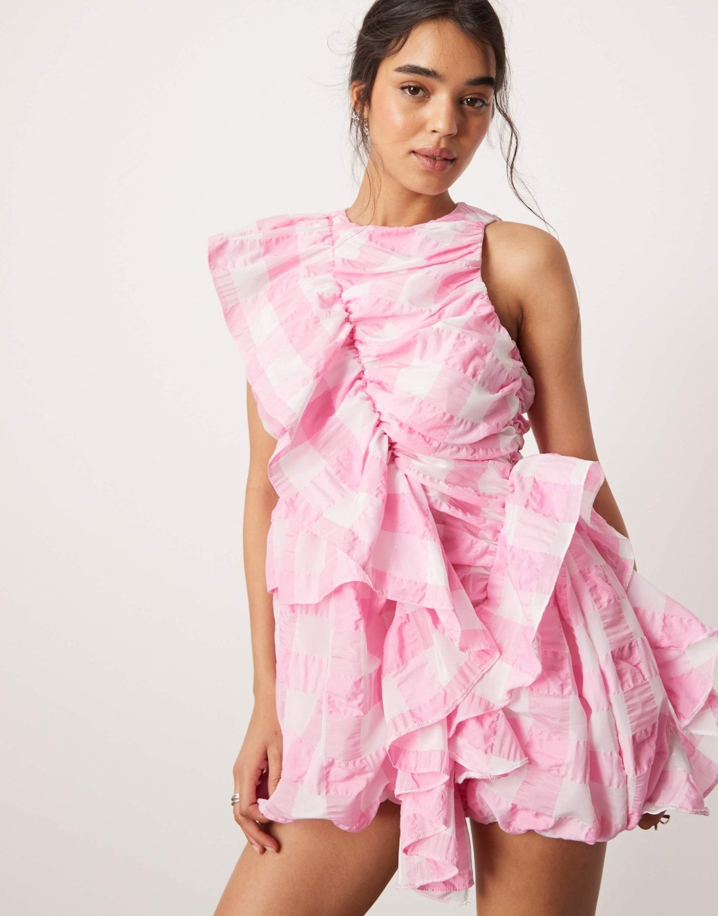 ASOS DESIGN ruffle mini dress with puffball skirt in oversized pink check - ASOS Sample Sale EU Store