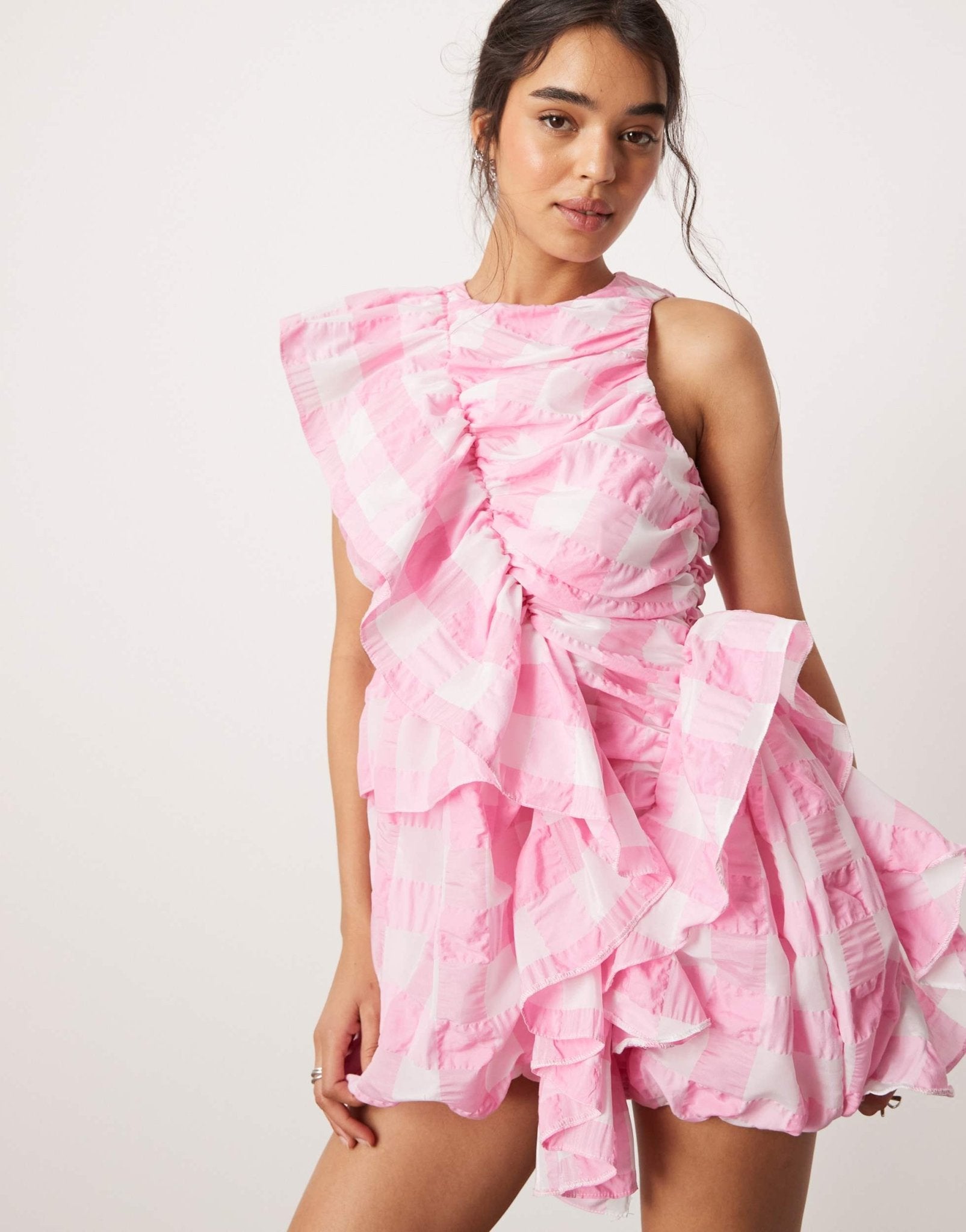 ASOS DESIGN ruffle mini dress with puffball skirt in oversized pink check - ASOS Sample Sale EU Store