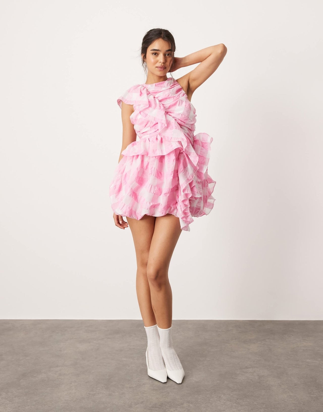 ASOS DESIGN ruffle mini dress with puffball skirt in oversized pink check - ASOS Sample Sale EU Store
