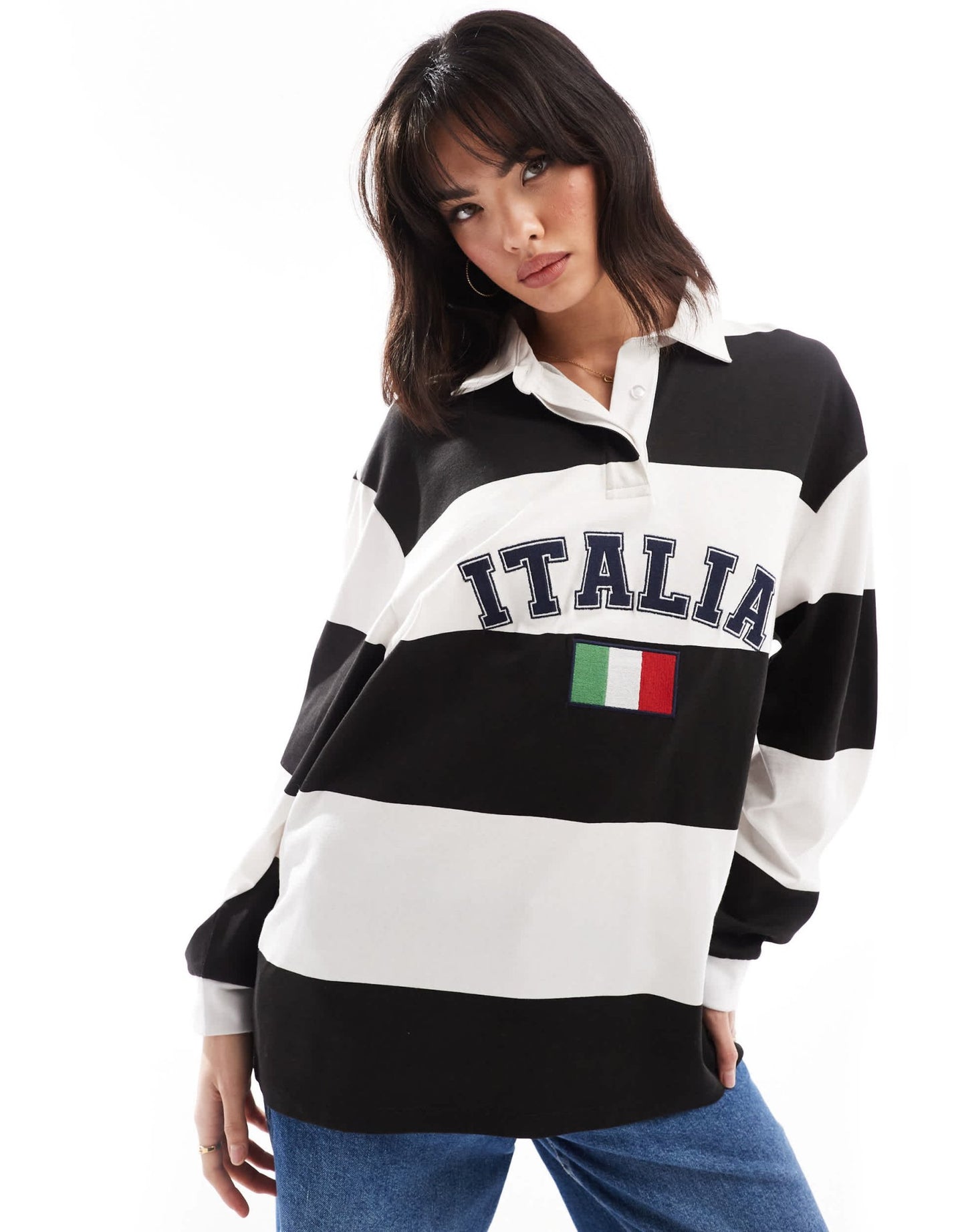 ASOS DESIGN rugby shirt with embroidered italia graphic in mono stripe - ASOS Sample Sale EU Store