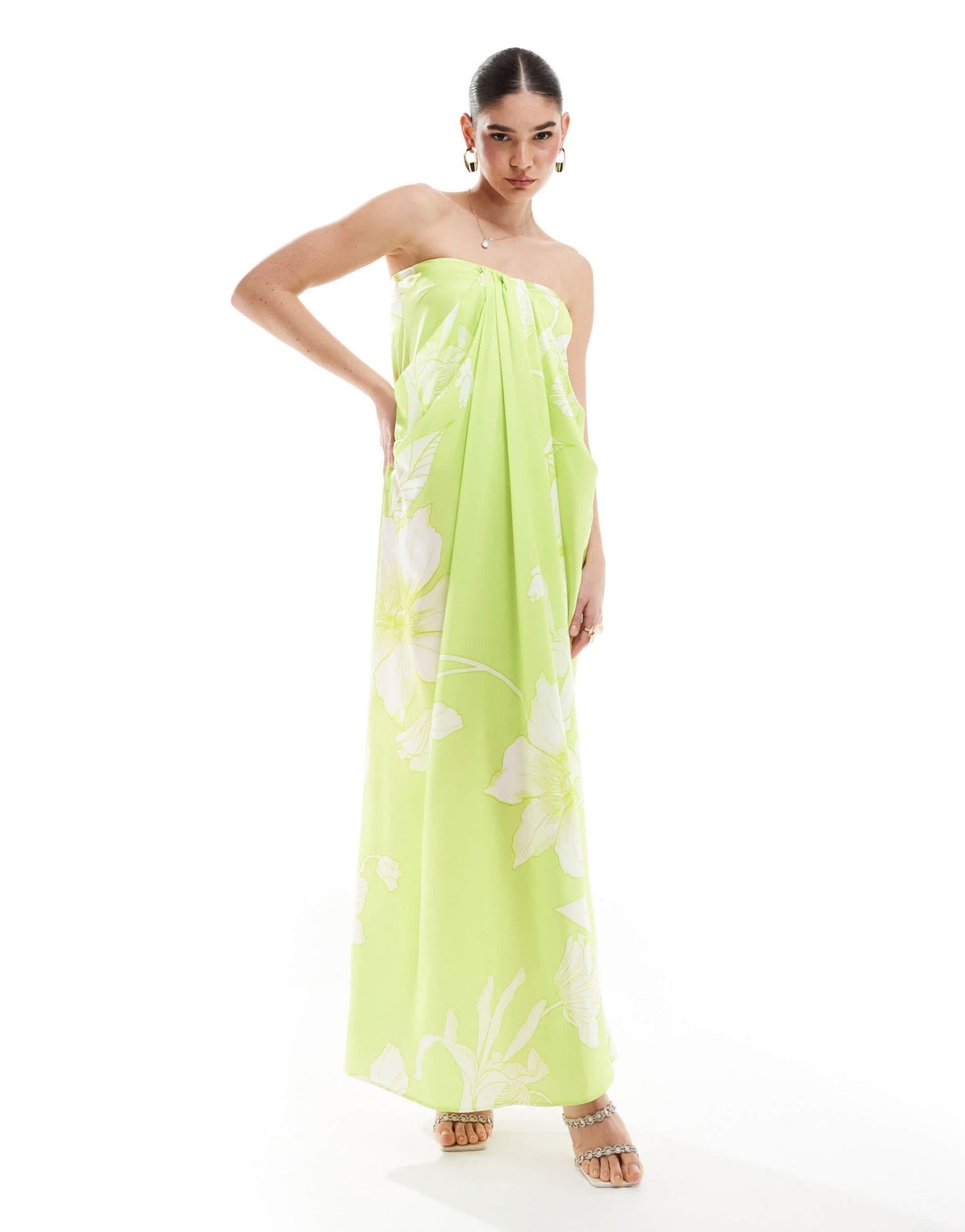 ASOS DESIGN satin bandeau drape column midi dress in lime floral print - ASOS Sample Sale EU Store