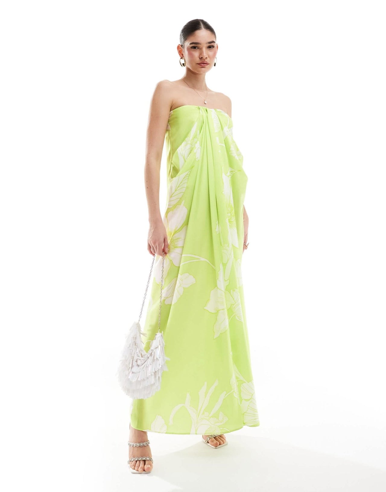 ASOS DESIGN satin bandeau drape column midi dress in lime floral print - ASOS Sample Sale EU Store