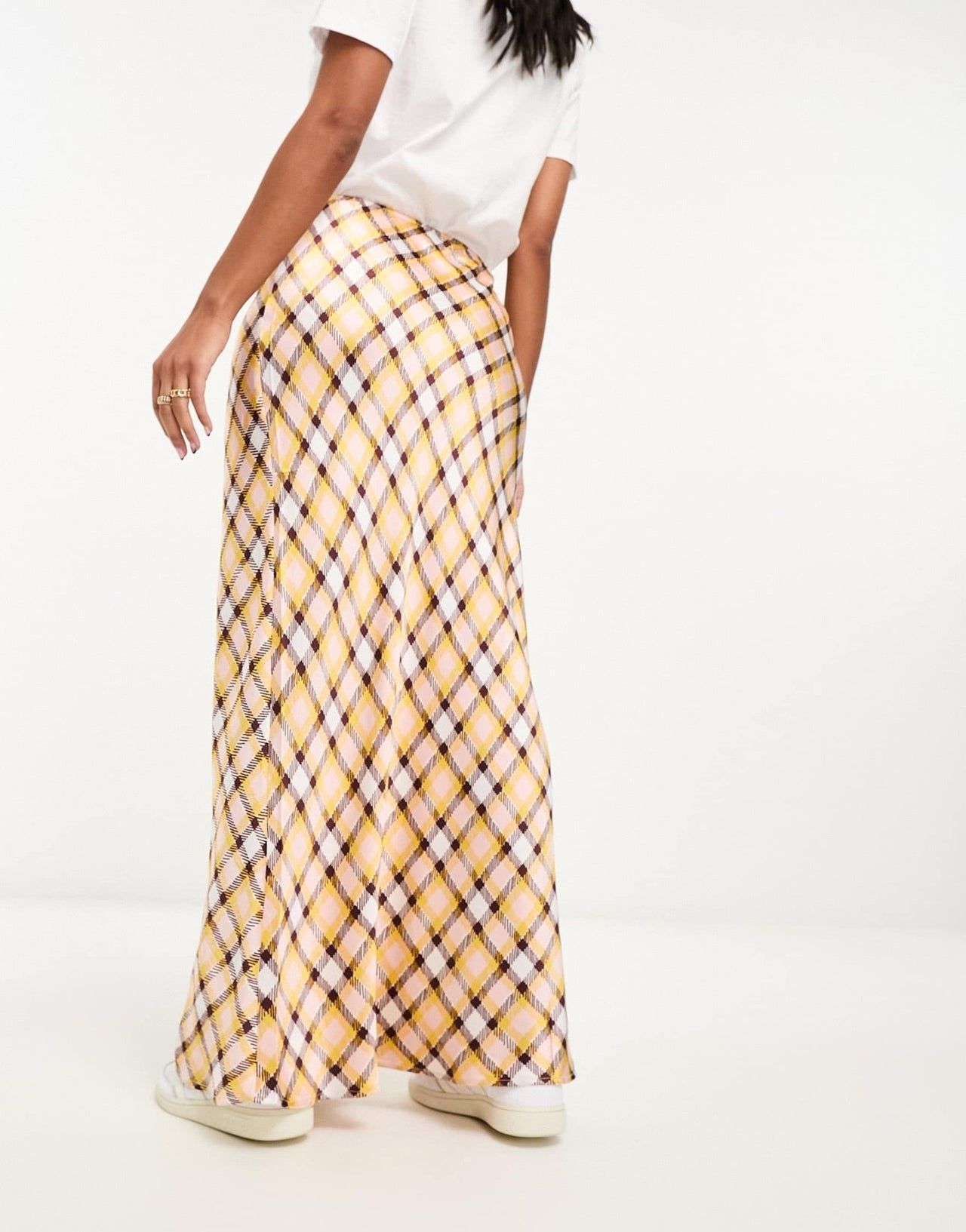 ASOS DESIGN satin bias maxi skirt in pink and yellow check - ASOS Sample Sale EU Store