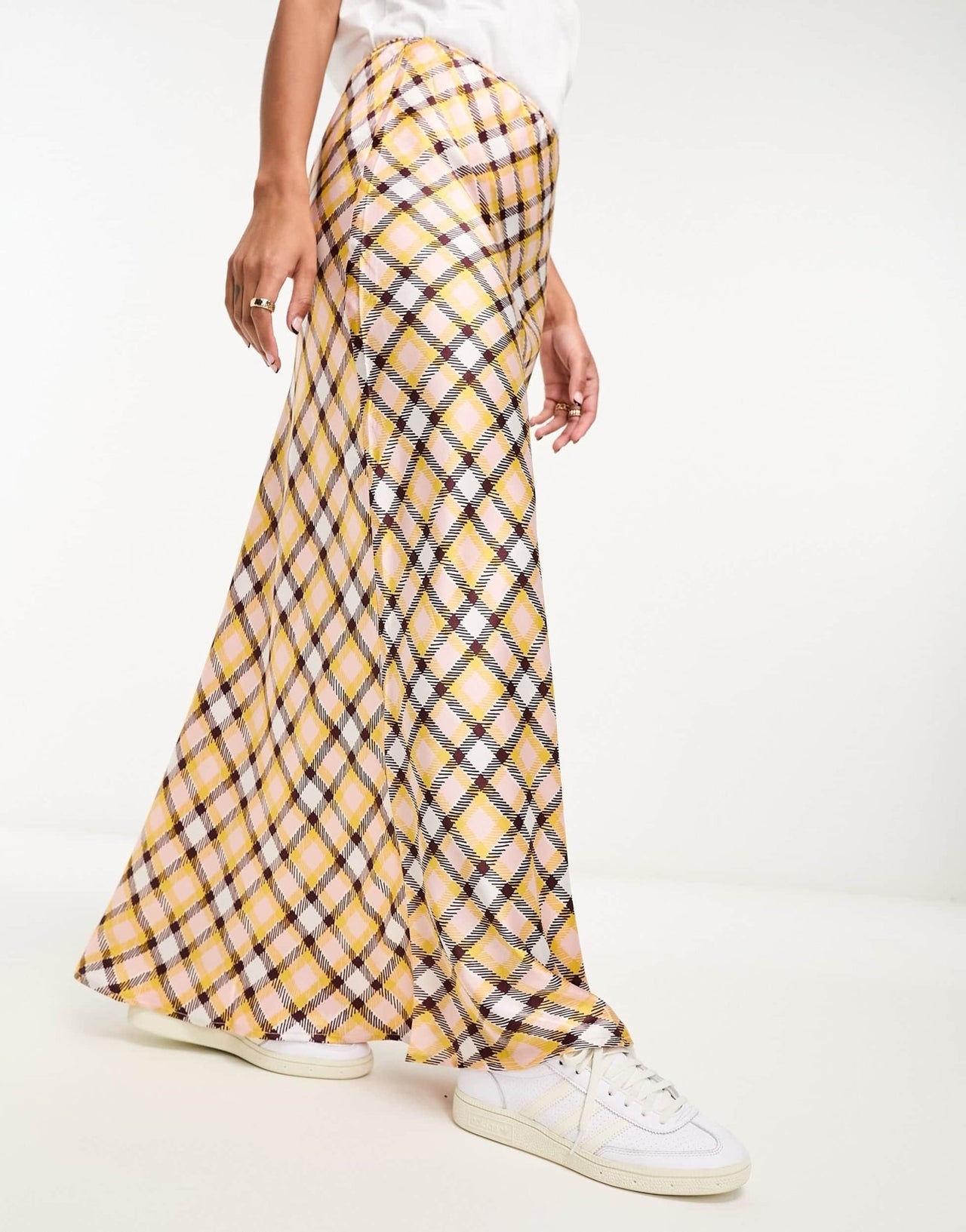 ASOS DESIGN satin bias maxi skirt in pink and yellow check - ASOS Sample Sale EU Store