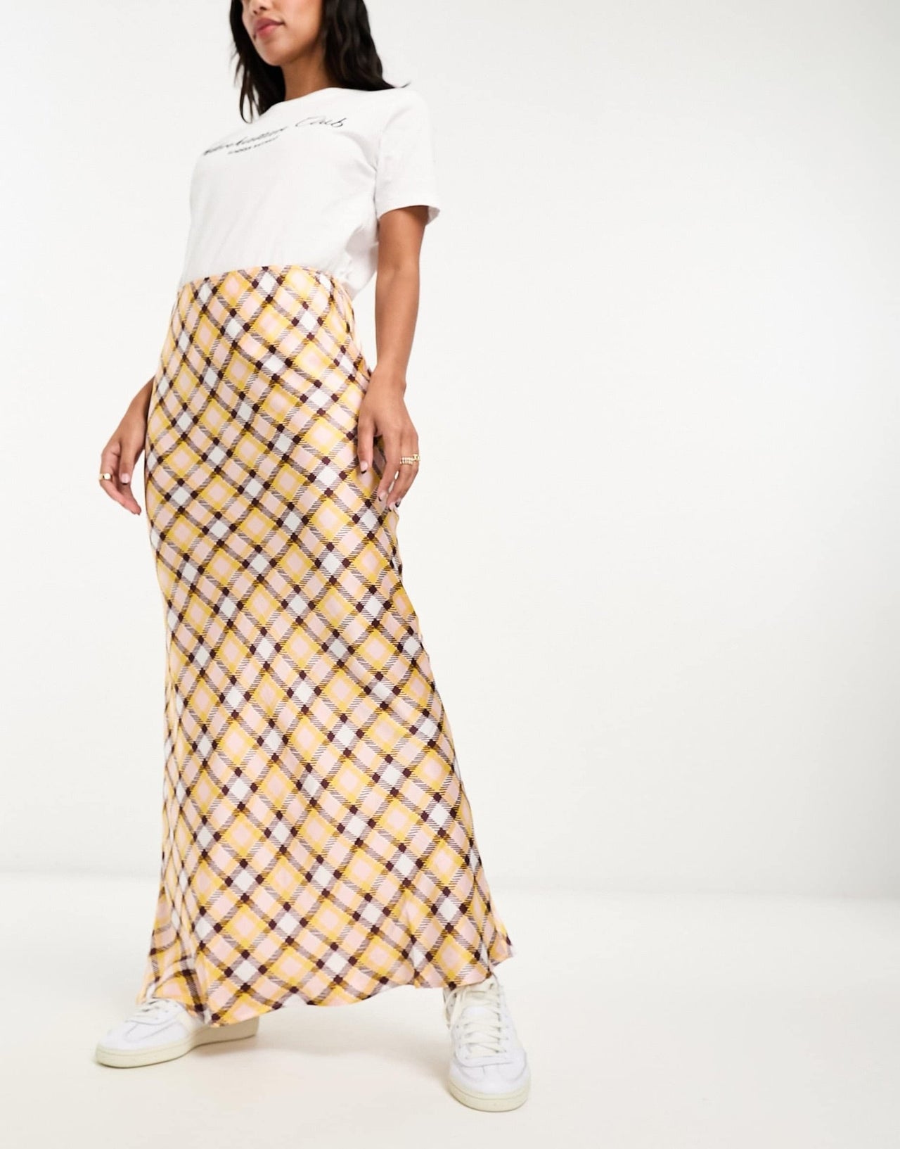 ASOS DESIGN satin bias maxi skirt in pink and yellow check - ASOS Sample Sale EU Store