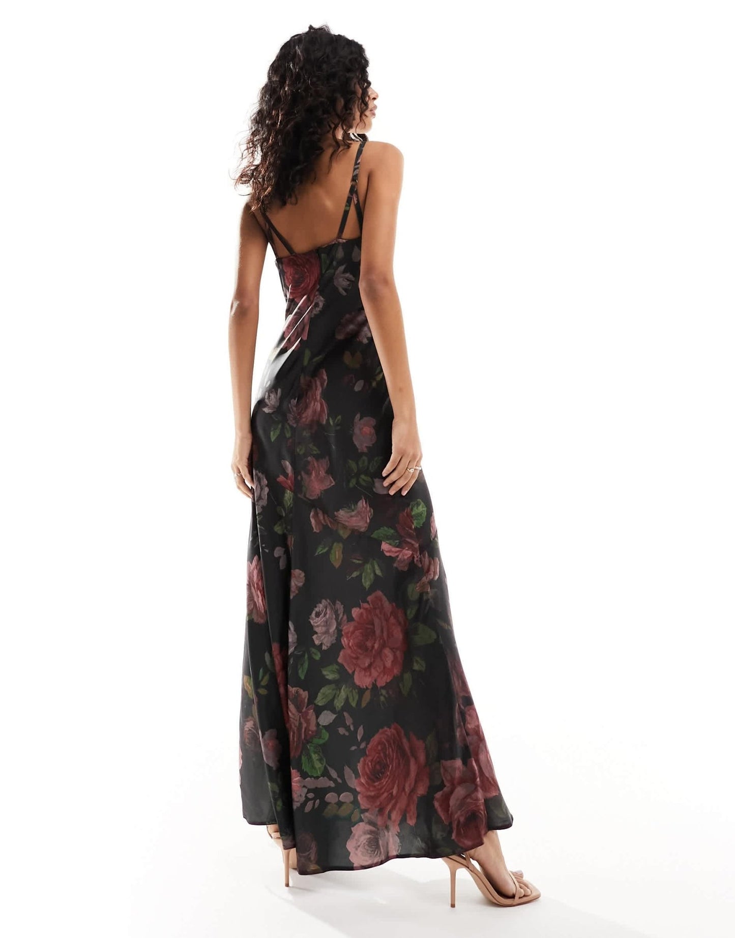 ASOS DESIGN satin buckle strap maxi dress with fuller skirt in black rose print - ASOS Sample Sale EU Store