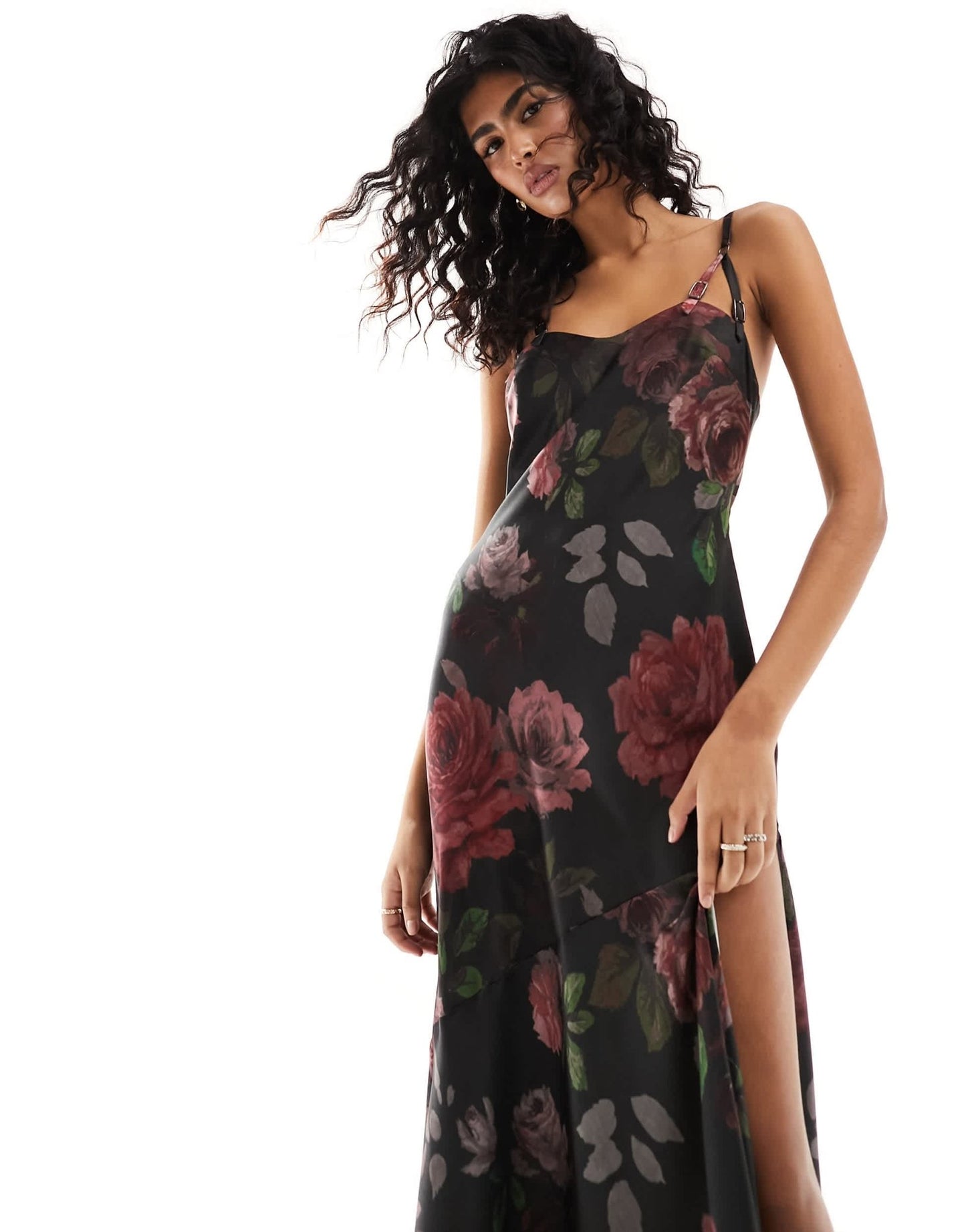 ASOS DESIGN satin buckle strap maxi dress with fuller skirt in black rose print - ASOS Sample Sale EU Store