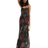 ASOS DESIGN satin buckle strap maxi dress with fuller skirt in black rose print