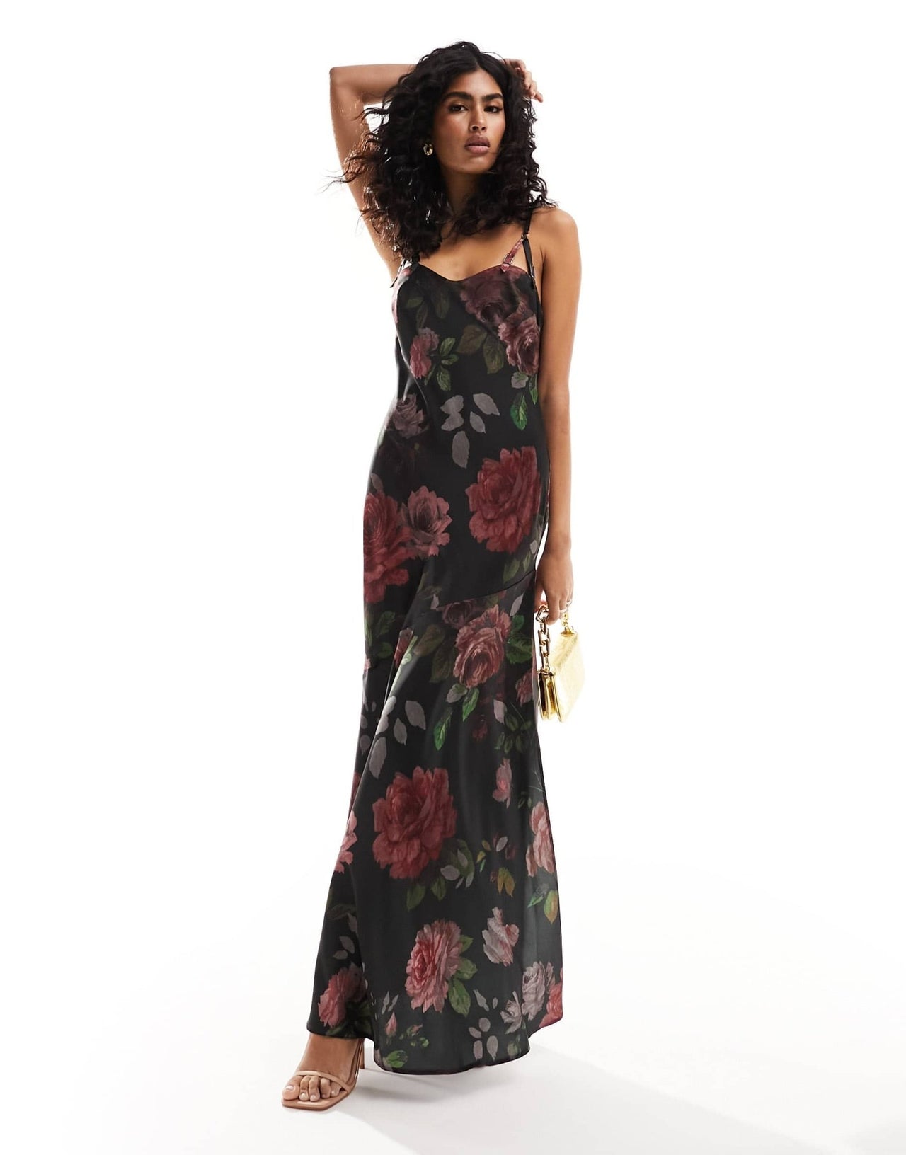 ASOS DESIGN satin buckle strap maxi dress with fuller skirt in black rose print - ASOS Sample Sale EU Store