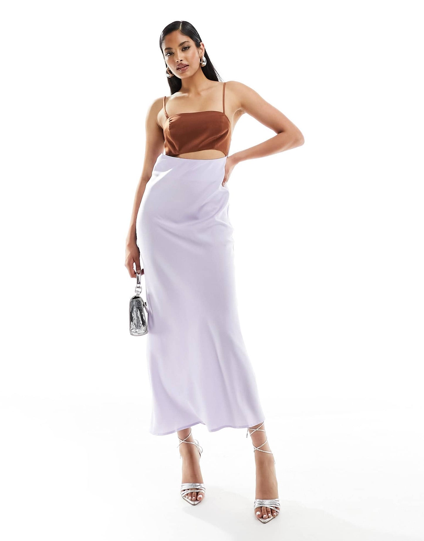 ASOS DESIGN satin colourblock midi dress with cut out in lilac with chocolate bodice - ASOS Sample Sale EU Store