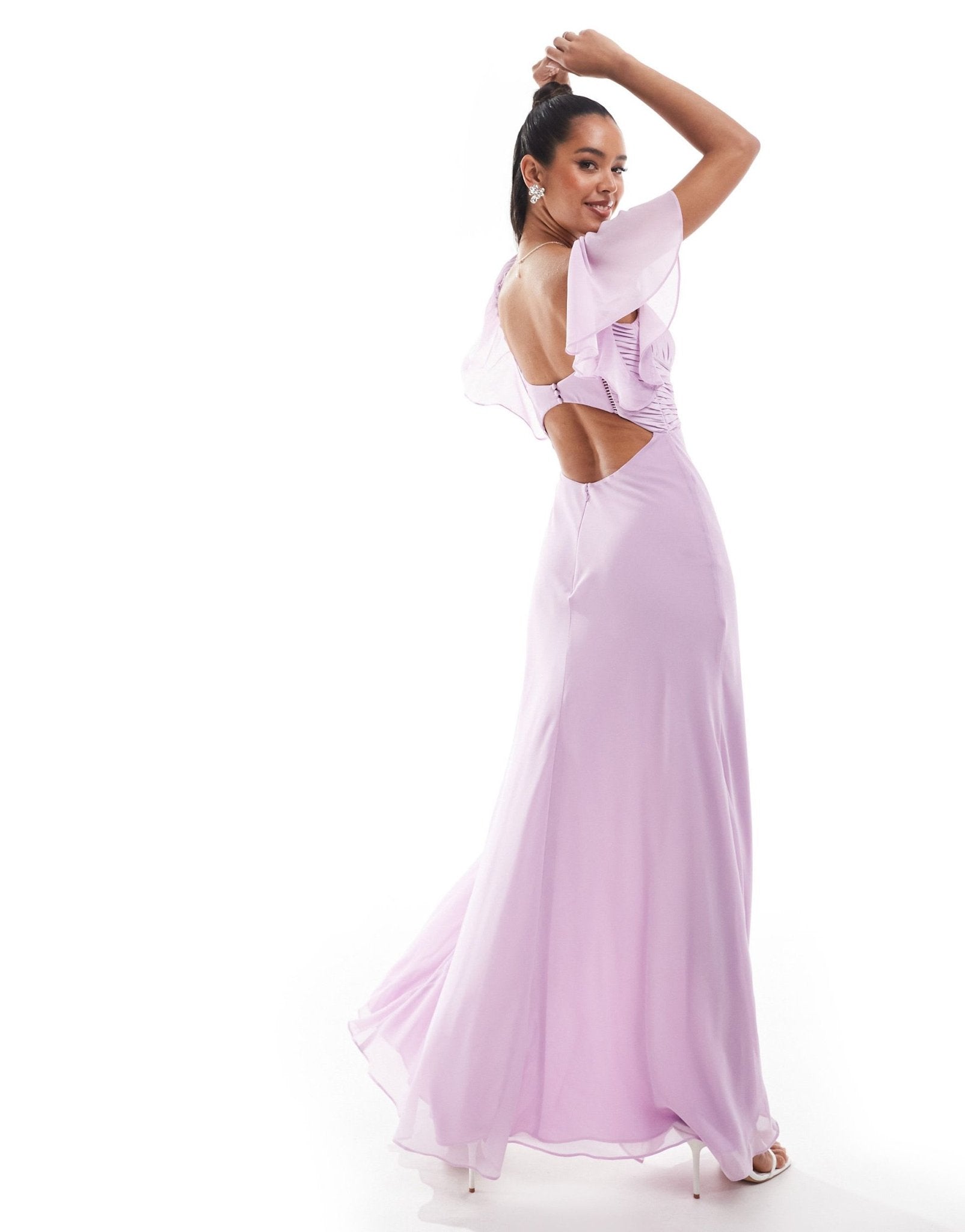 ASOS DESIGN satin corset detail chiffon bias maxi dress with flutter sleeve in lilac - ASOS Sample Sale EU Store